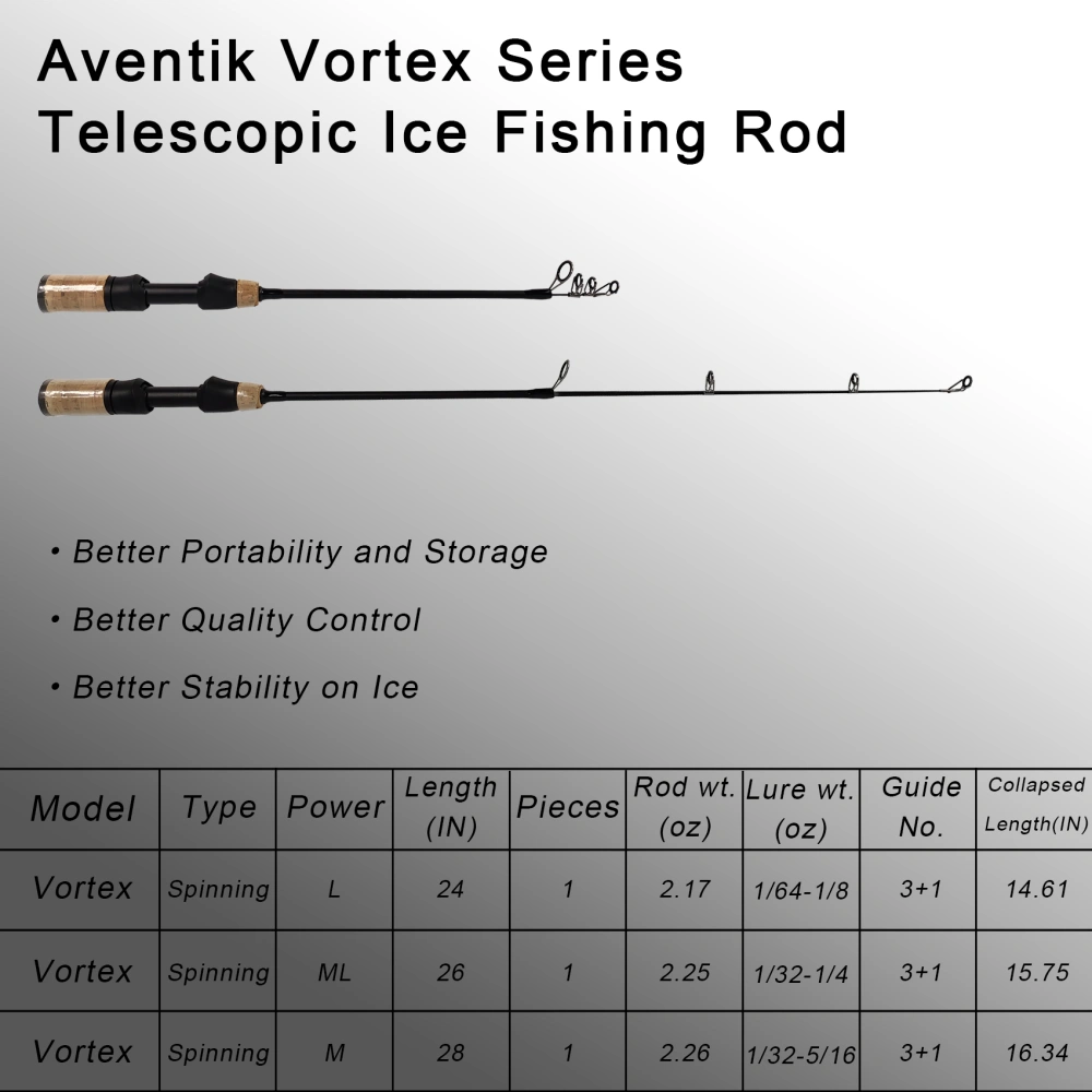 Aventik Ultralight Ice Fishing Rod 24/26/28/30/32 inch Medium Light Fast  Action Multi