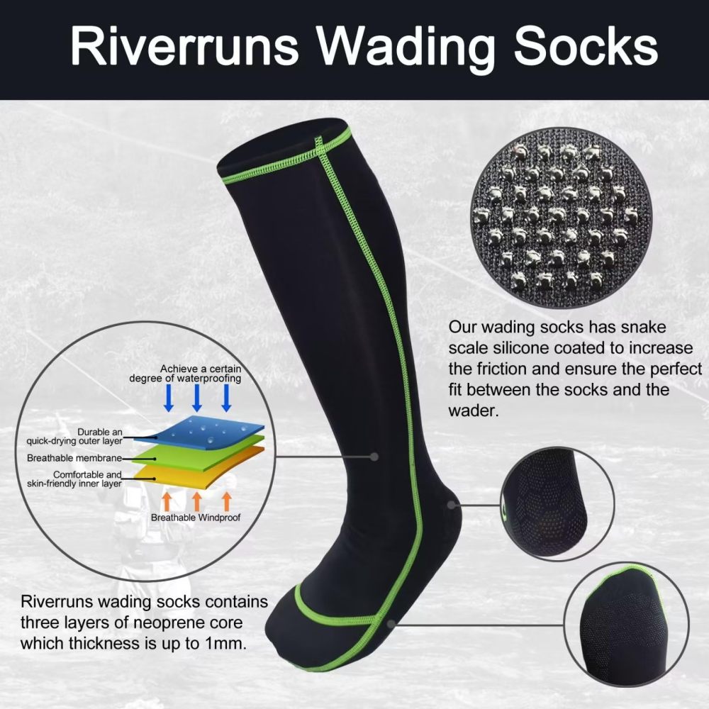 Riverruns Frictionless Wading Socks, Neoprene Wet-suit Wader socks for Men and Women Outdoor Fishing, Surfing, Wakeboarding