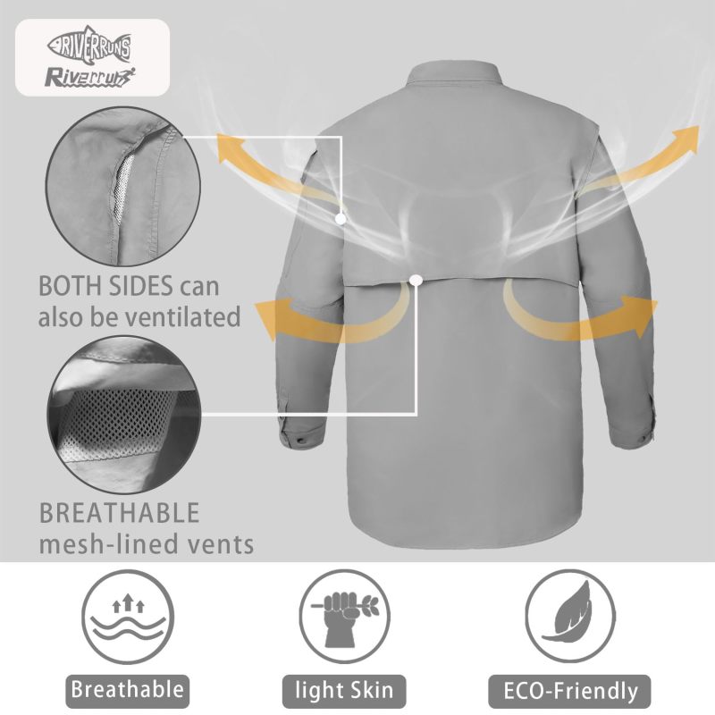 UPF 50+ Men's Fishing Shirts Long Sleeve UV Protection Shirts Water-Repellent for Hiking, Fishing, Camping