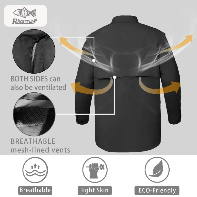 UPF 50+ Men's Fishing Shirts Long Sleeve UV Protection Shirts Water-Repellent for Hiking, Fishing, Camping