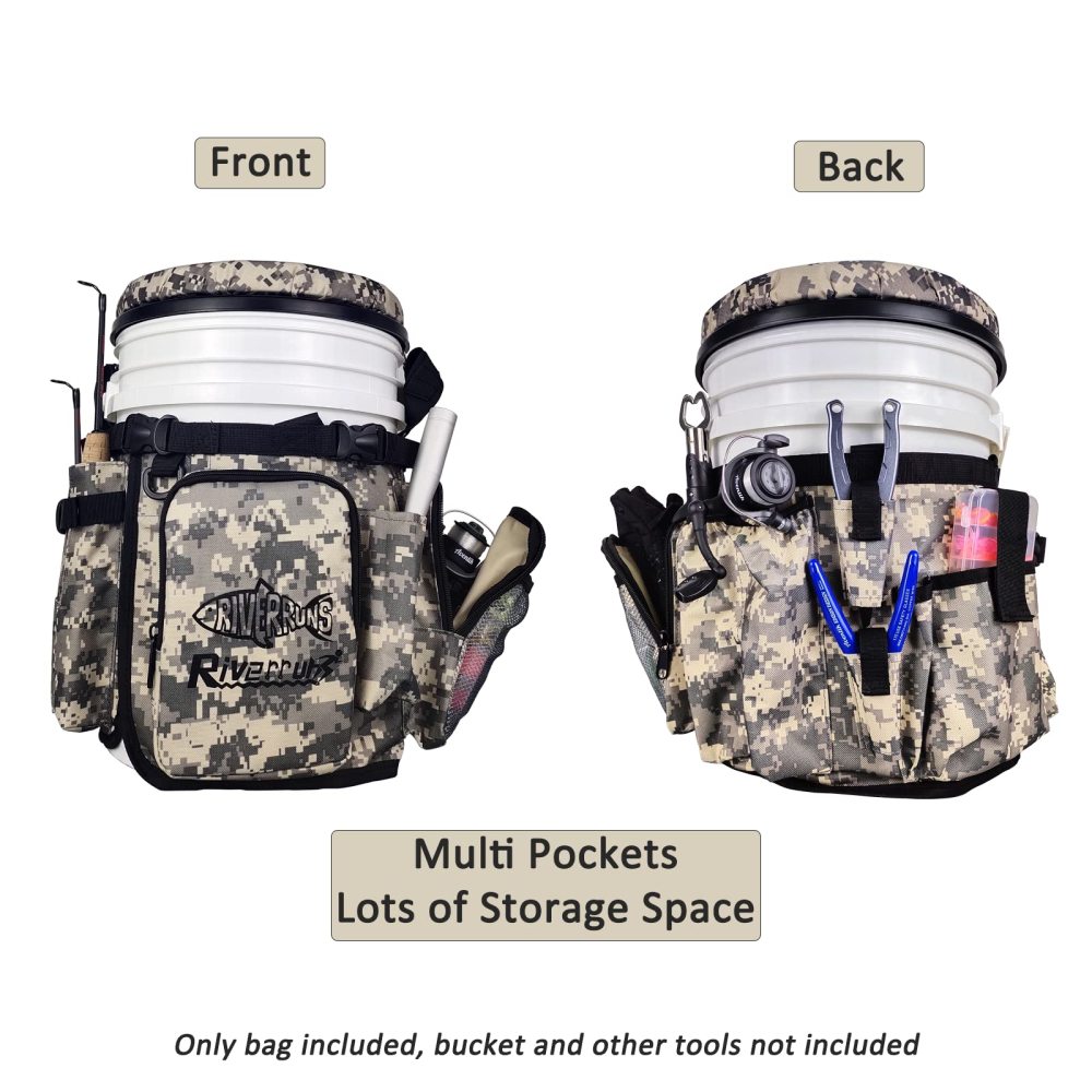 Ice Fishing General Fishing Bucket Tool Organizer, Multiple pockets, Adjustable Bucket Caddy Tackle Bag for 5-Gallon Bucket