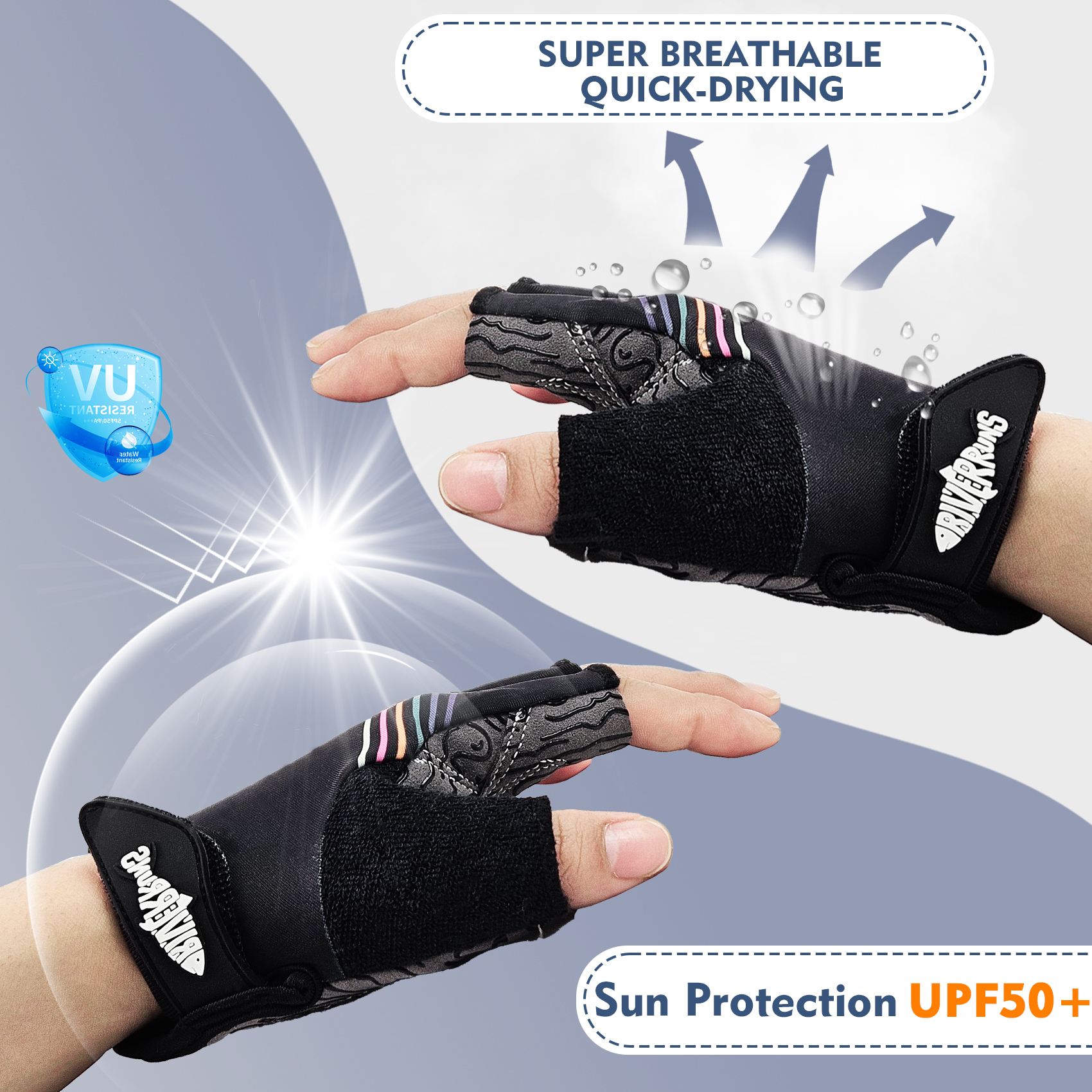 Riverruns Kayak Gloves Half Finger Padded Palm Sailing Gloves UPF50+ Fishing Gloves for Paddling, Sailing, Cycling, Driving