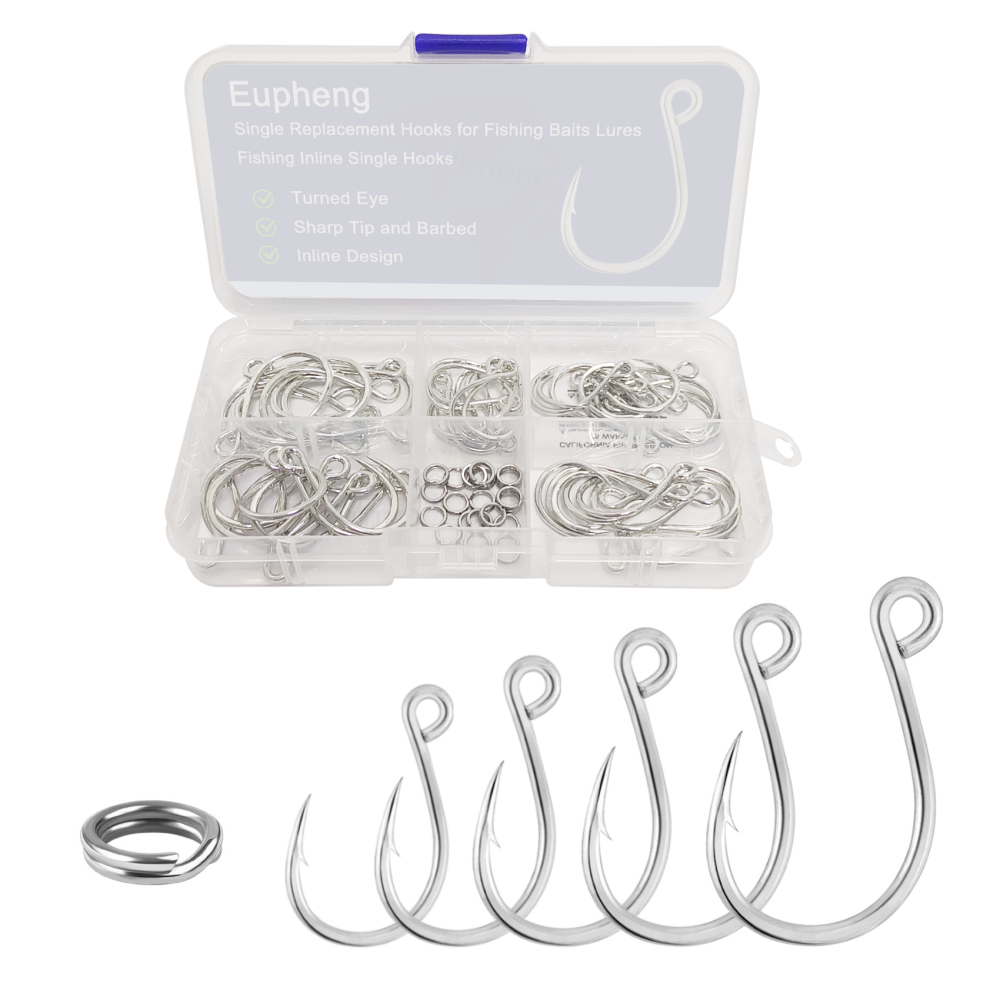 Eupheng Inline Single Replacement Hooks for Lures, Baits and Plugs, High Carbon Steel – Ideal for Saltwater and Freshwater Fishing in Various Sizes 6-3/0