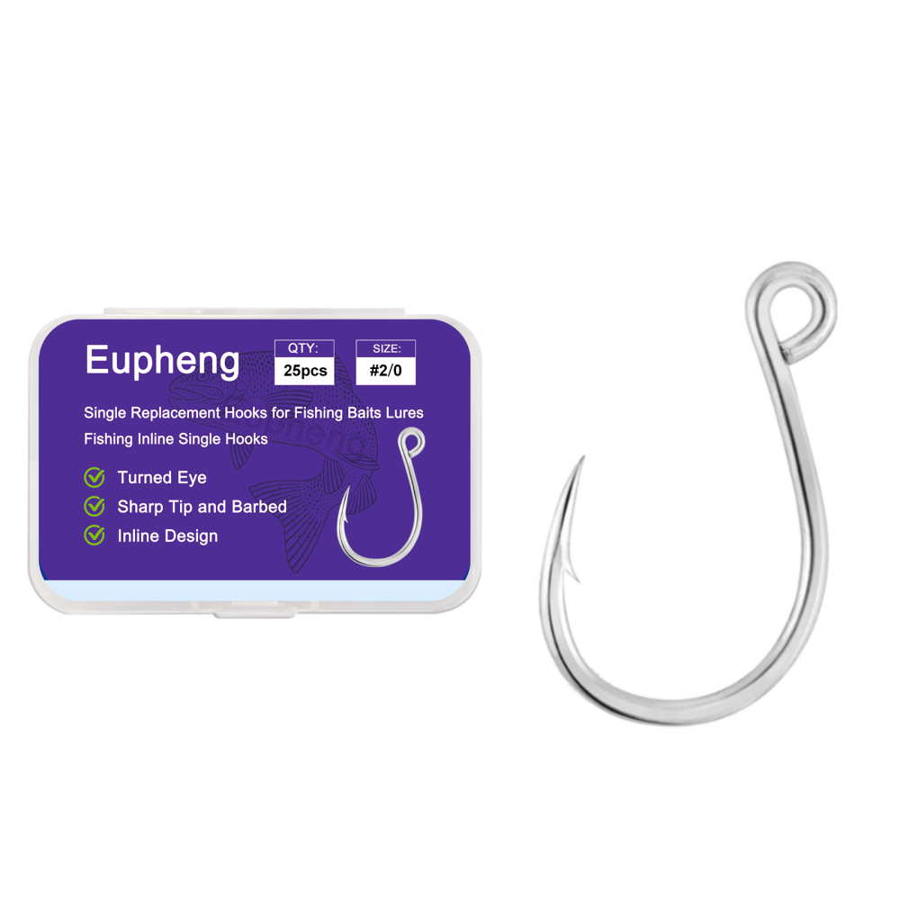 Eupheng Inline Single Replacement Hooks for Lures, Baits and Plugs, High Carbon Steel – Ideal for Saltwater and Freshwater Fishing in Various Sizes 6-3/0