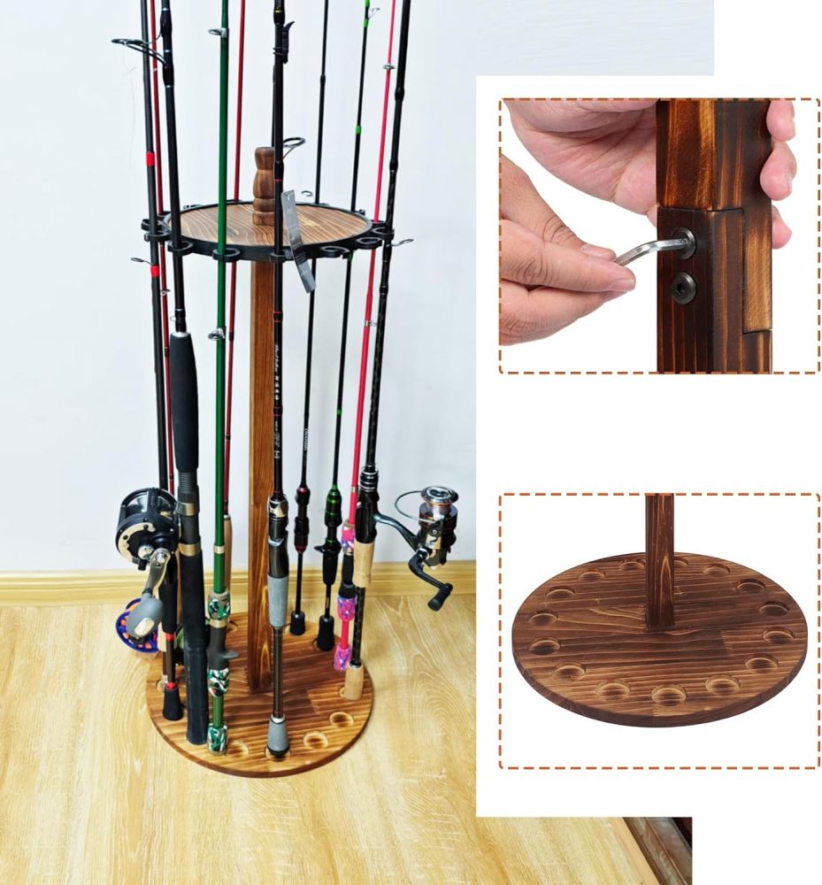 Aventik Fishing Rod Holders for Garage, Vertical Fishing Pole Holders Wooden Round Storage Floor Stand, Fishing Rod/Pole Rack (15s Rod Rack)