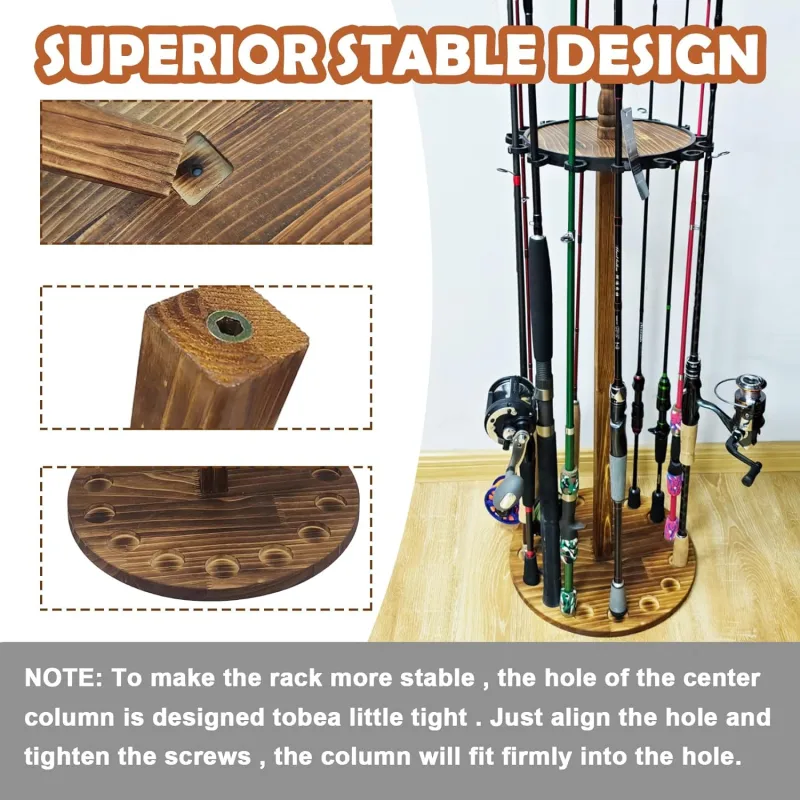 Aventik Fishing Rod Holders for Garage, Vertical Fishing Pole Holders Wooden Round Storage Floor Stand, Fishing Rod/Pole Rack (15s Rod Rack)
