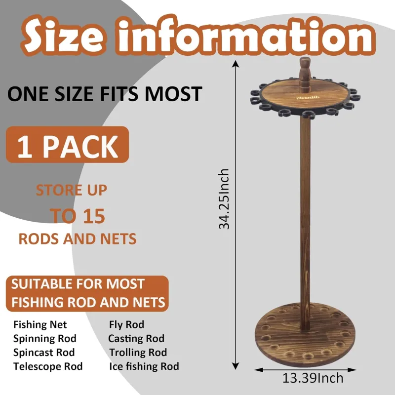 Aventik Fishing Rod Holders for Garage, Vertical Fishing Pole Holders Wooden Round Storage Floor Stand, Fishing Rod/Pole Rack (15s Rod Rack)