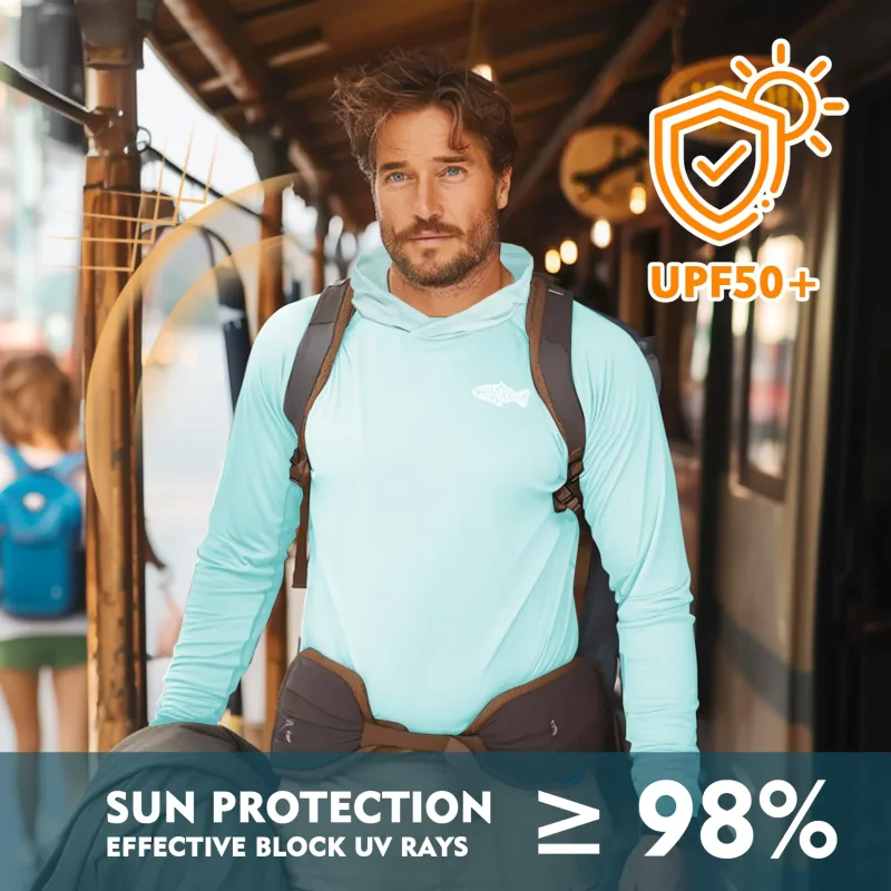 UPF 50+ Men's Sun Protection Hoodie, Cooling Quick Dry Hooded Shirt Rash Guards Long Sleeve with Zippered Pockets