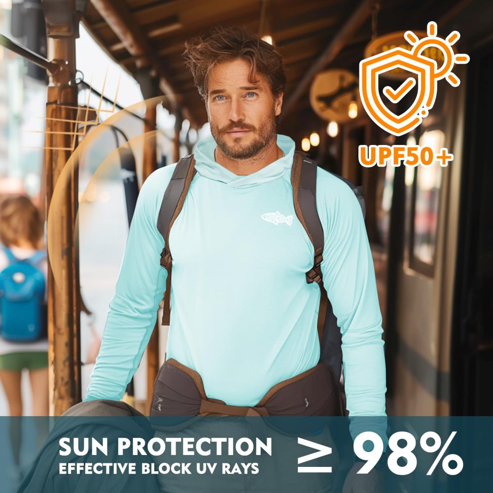 UPF 50+ Men's Sun Protection Hoodie, Cooling Quick Dry Hooded Shirt Rash Guards Long Sleeve with Zippered Pockets