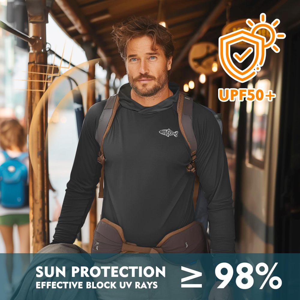 UPF 50+ Men's Sun Protection Hoodie, Cooling Quick Dry Hooded Shirt Rash Guards Long Sleeve with Zippered Pockets