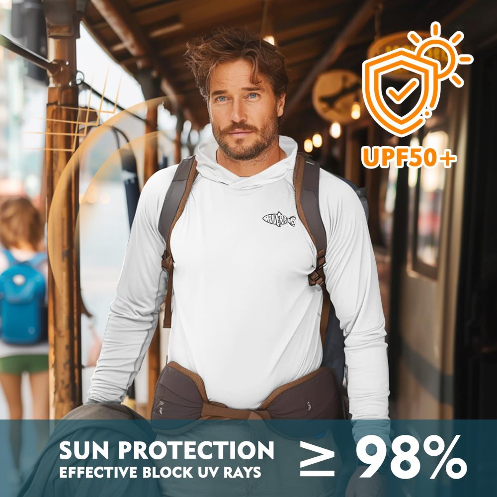 UPF 50+ Men's Sun Protection Hoodie, Cooling Quick Dry Hooded Shirt Rash Guards Long Sleeve with Zippered Pockets