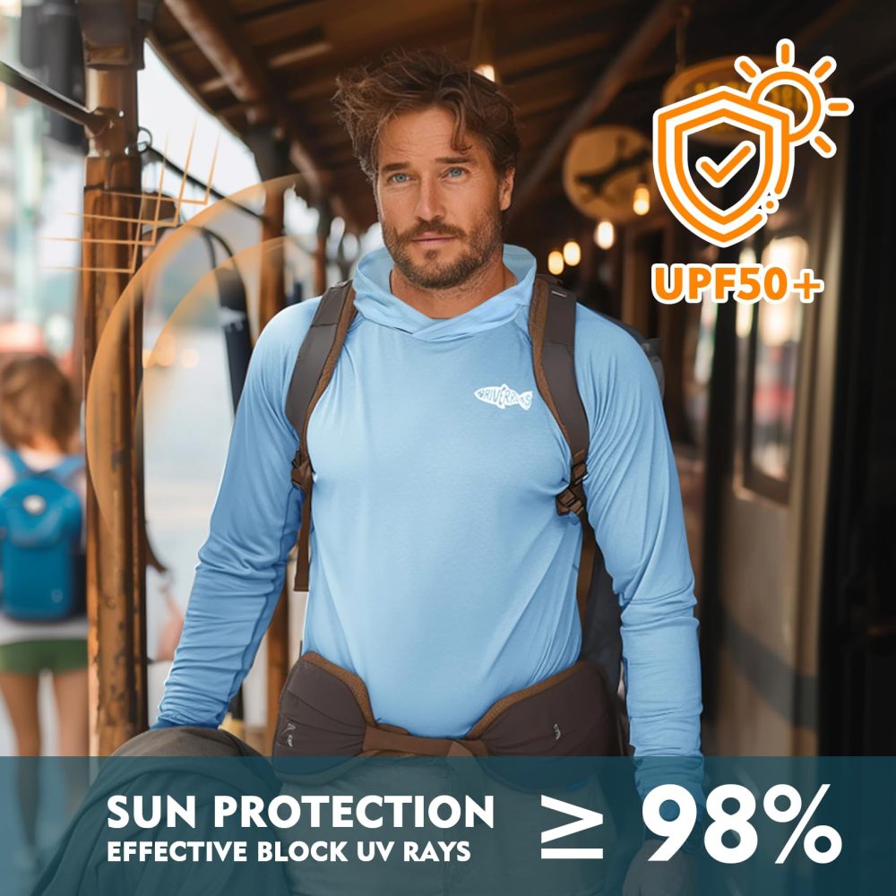 UPF 50+ Men's Sun Protection Hoodie, Cooling Quick Dry Hooded Shirt Rash Guards Long Sleeve with Zippered Pockets
