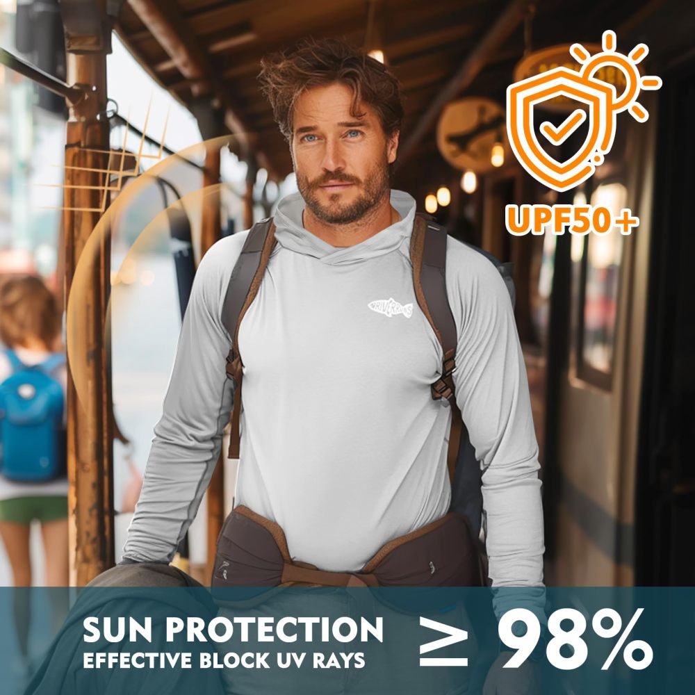 UPF 50+ Men's Sun Protection Hoodie, Cooling Quick Dry Hooded Shirt Rash Guards Long Sleeve with Zippered Pockets