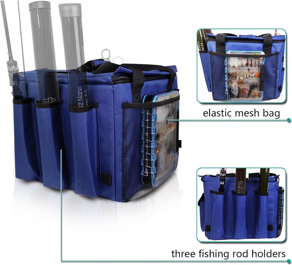 Kayak Crate Bag Durable Saltwater- Resistant Kayak Fishing Bag with 3 Fishing Rod Holders Large Kayak Fishing Tackle Storage Bag for Milk Crate-13x13 in