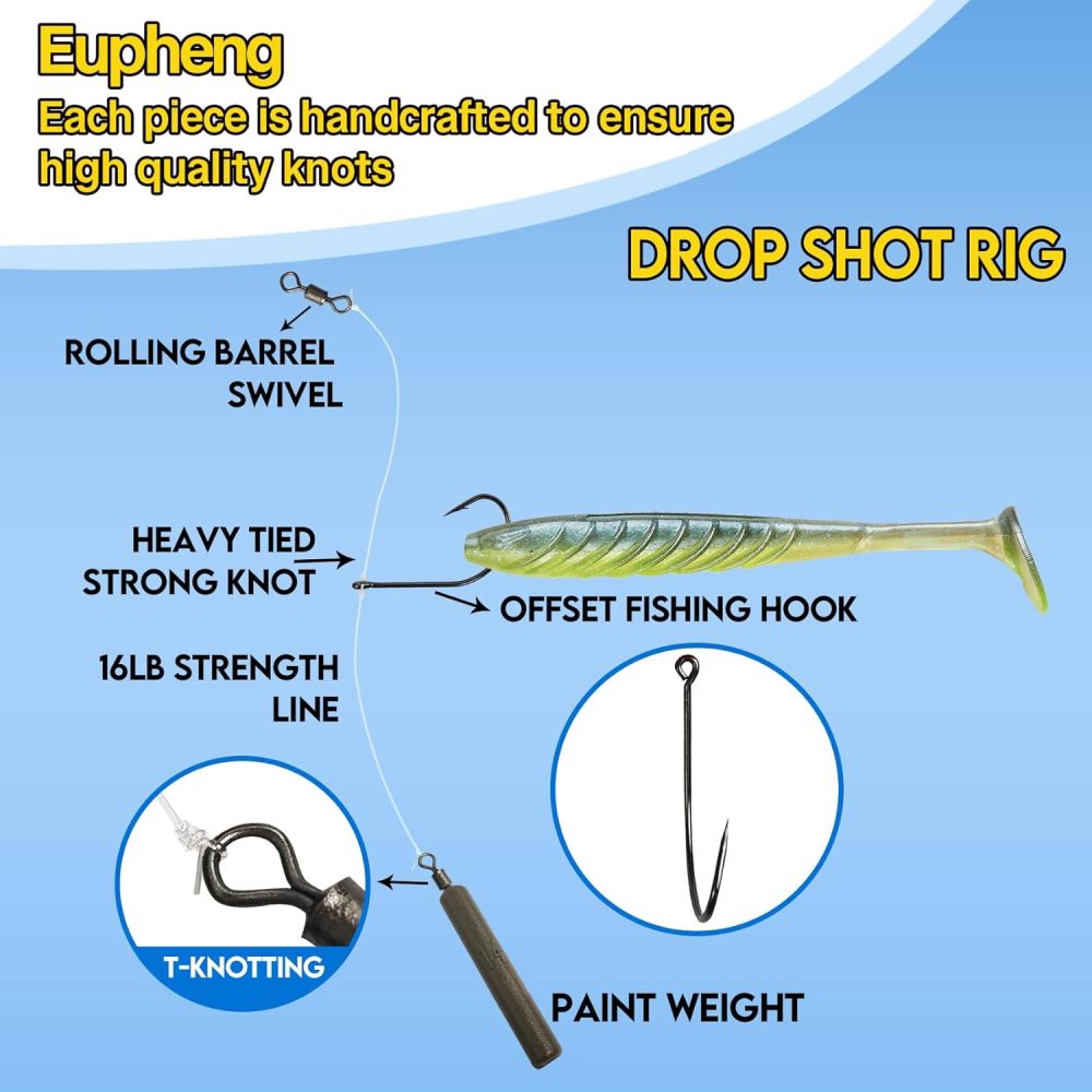 Drop Shot Rigs for Bass Fishing, Ready Rig Kit with Barrel Swivel Drop Shot Weights Leader Line and Hook, Multiple Specifications Available