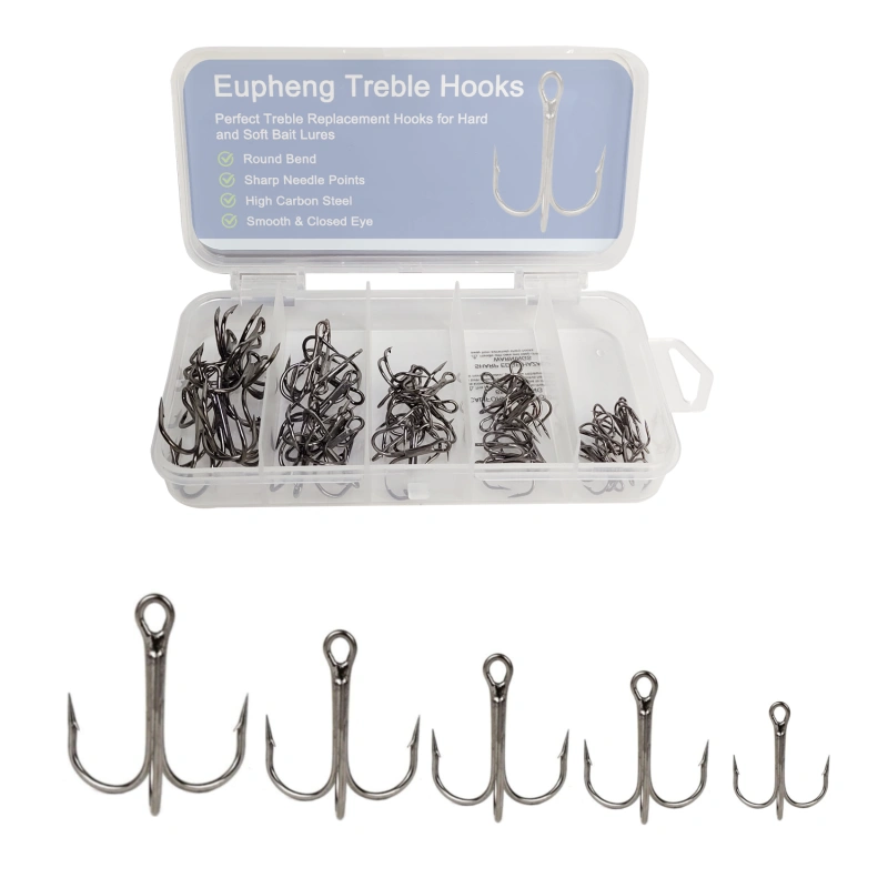 Eupheng Treble Hooks for Saltwater Freshwater High Carbon Steel Hooks Strong Sharp Round Bend Triple Hook for Catfish Trout Hard Baits Lures Fishing Size 1/0 to 12