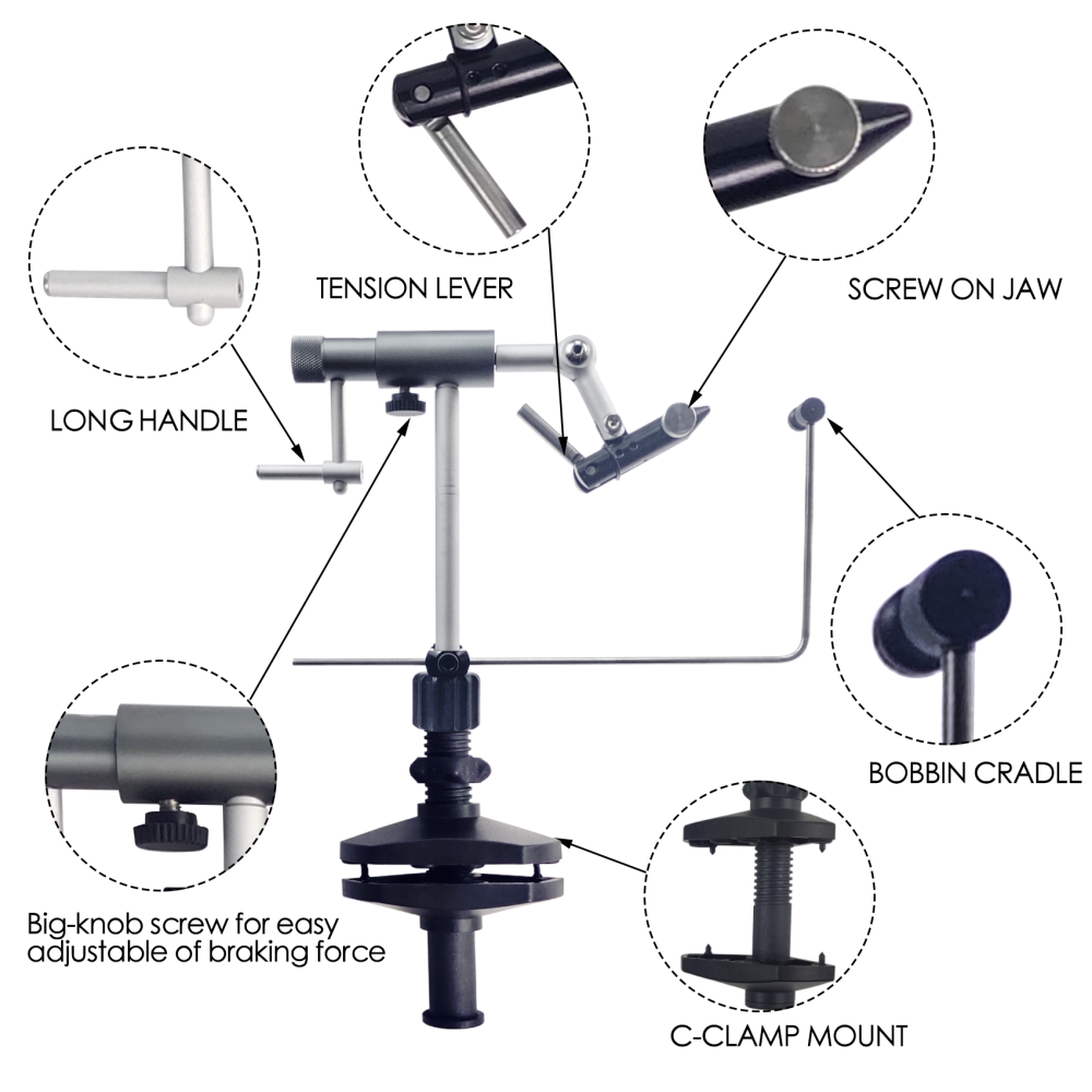 Riverruns Colorado Full Rotary Fly Tying Vise Rotation Resistance Adjustment Hook Sizes 26 to 4/0 (Fly Tying Vise C-Clamp)