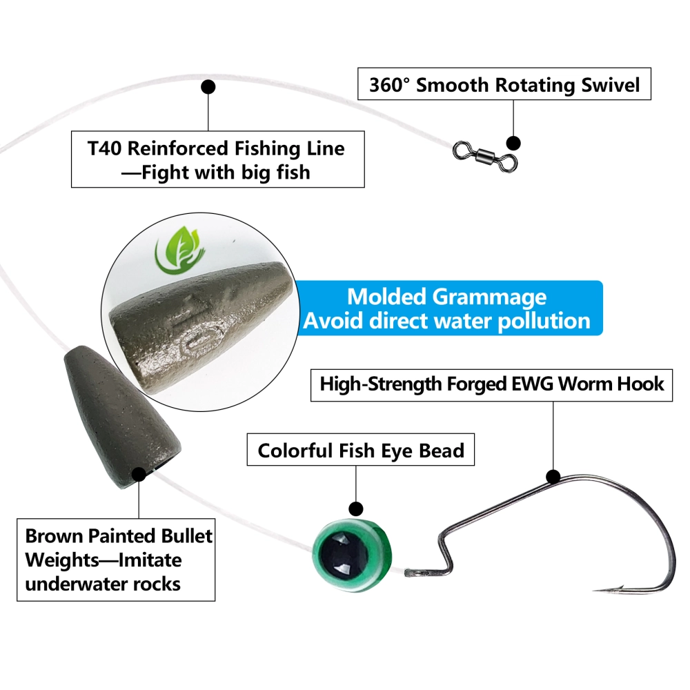 Texas Rigs for Bass Fishing, Pre-Rigged Leader Line with Weights