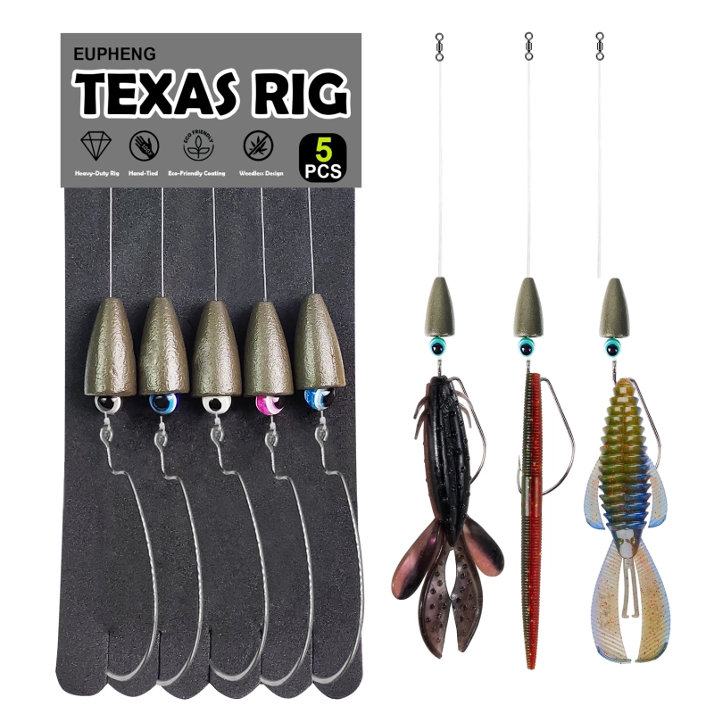 Texas Rigs for Bass Fishing, Pre-Rigged Leader Line with Weights Hooks Barrel Swivel Kit Fishing Ready Texas Rig for Bass Perch 5PCS