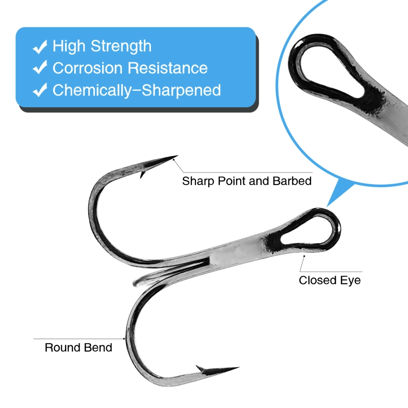 Eupheng Treble Hooks for Saltwater Freshwater High Carbon Steel Hooks Strong Sharp Round Bend Triple Hook for Catfish Trout Hard Baits Lures Fishing Size 1/0 to 12