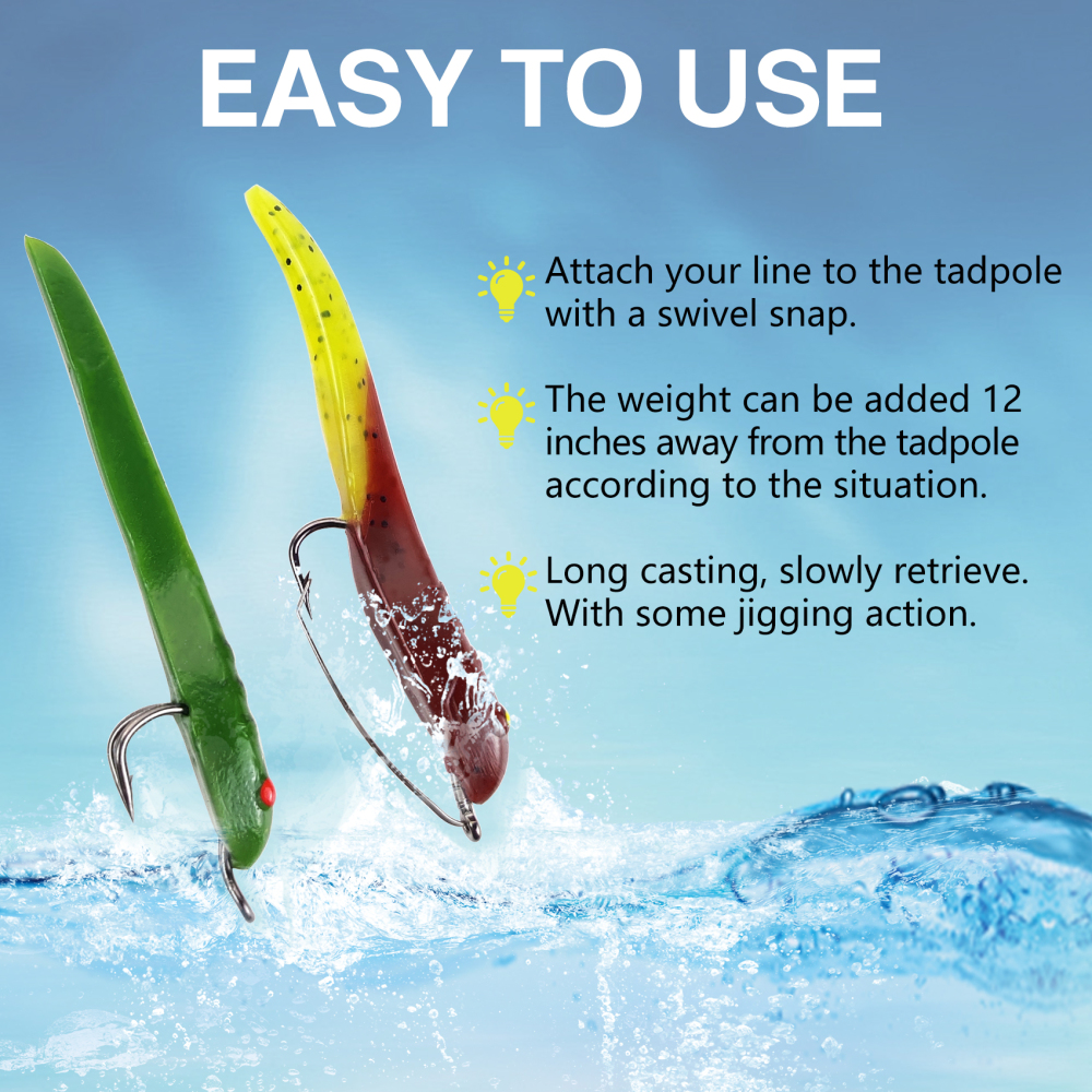 Eupheng Weedless Tadpole Fishing Lures, Hand-made Realistic Pre Rigged Soft Lures for Crappie, Bluegill, Perch, and Bass