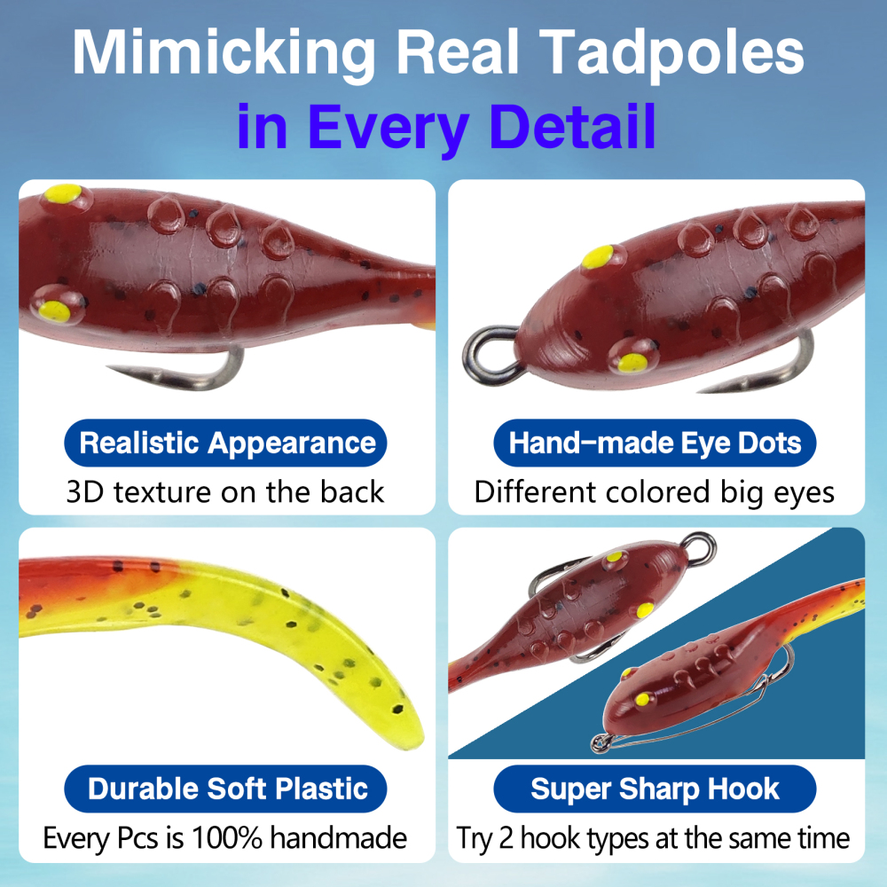 Eupheng Weedless Tadpole Fishing Lures, Hand-made Realistic Pre Rigged Soft Lures for Crappie, Bluegill, Perch, and Bass