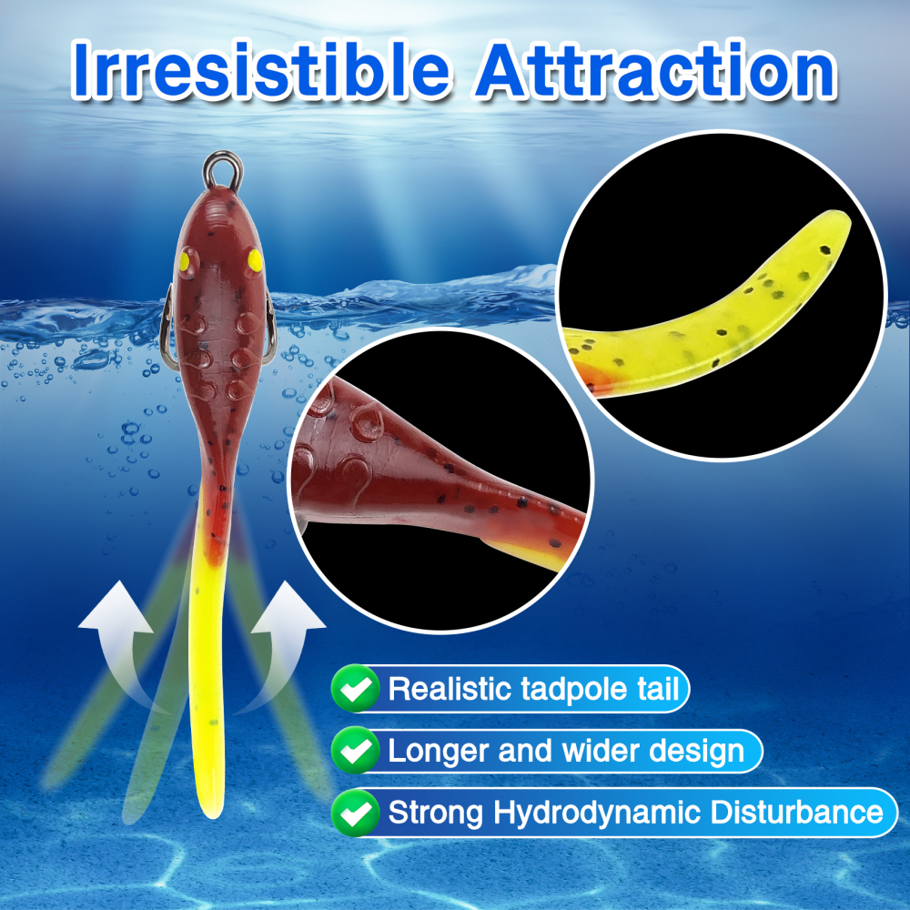 Eupheng Weedless Tadpole Fishing Lures, Hand-made Realistic Pre Rigged Soft Lures for Crappie, Bluegill, Perch, and Bass
