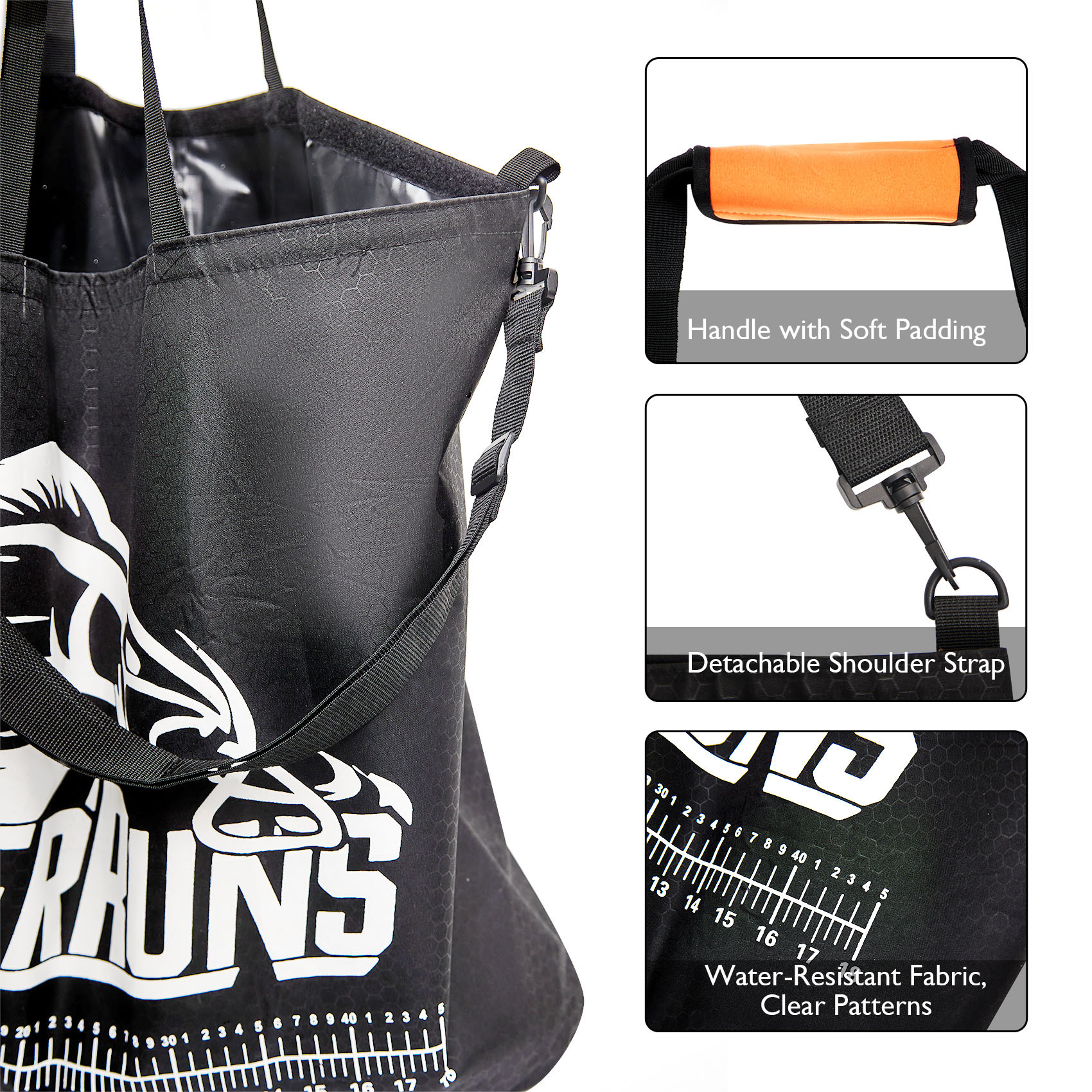 Heavy-Duty Fish Weigh-In Bag with Detachable Mesh Liner, 23.6 x 22.4 Inches Leak and Rip Resistant Fish Bag with Measuring Scale and Detachable Shoulder Strap