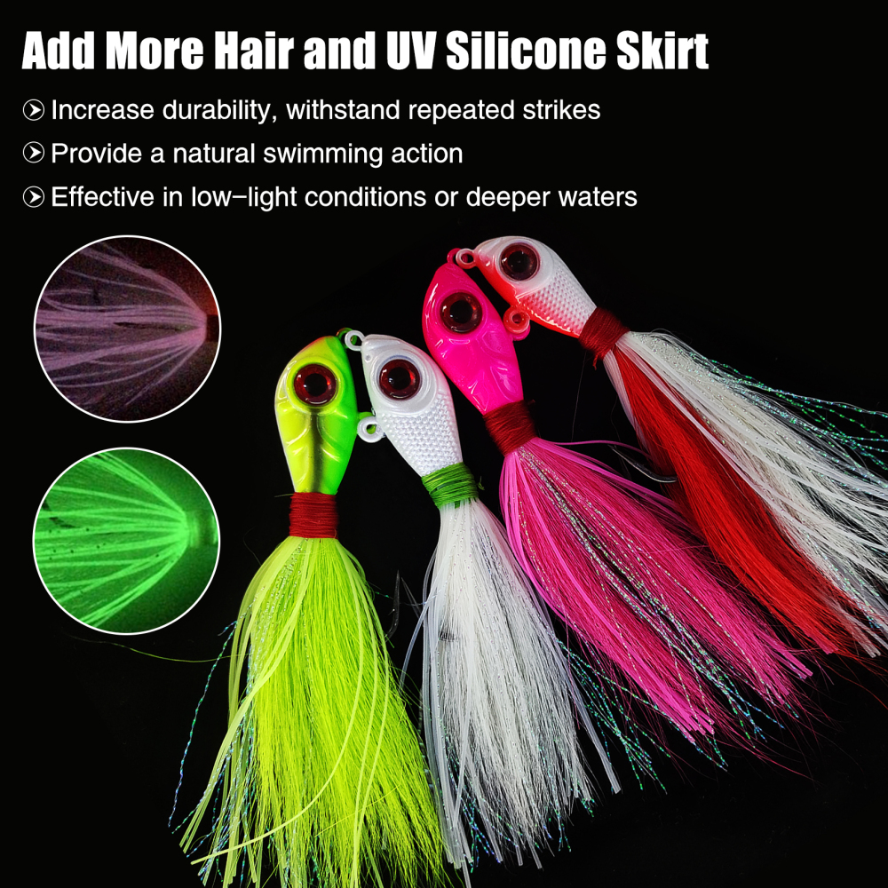 Glow Bucktail Jigs with UV Silicone Skirt, Big Eye Bucktail Fishing Jigs Surf Fishing Hair Jig for Bass Flounder Fluke Striper 1/2oz 3/4oz 1oz 1-1/2oz
