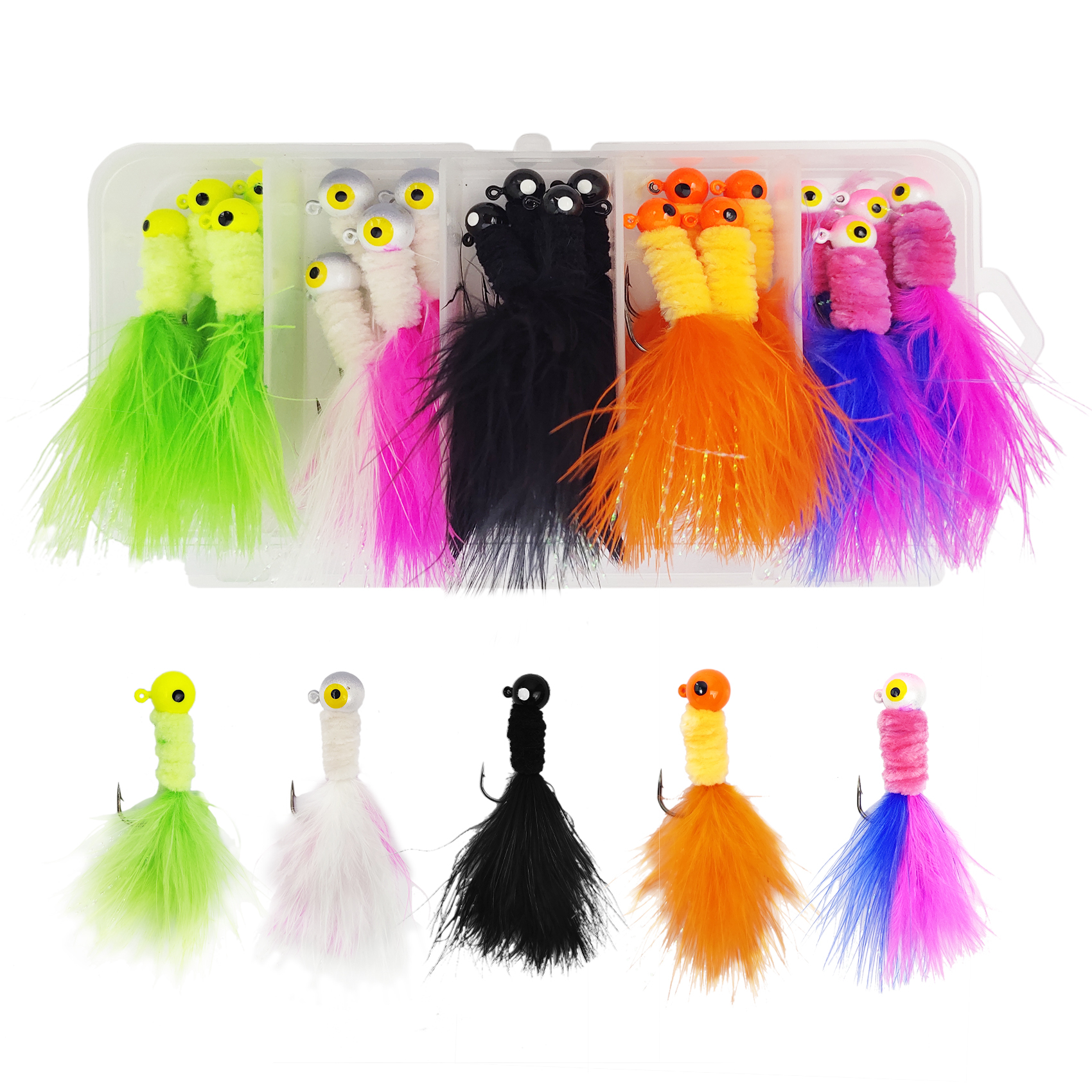 20 PCS Marabou Feather Jigs, 1/32oz 1/16oz 1/8oz Crappie Jig Heads Fishing Lures Kits with Spinner Blade Also for Walleye Perch Sunfish Panfish Bluegill