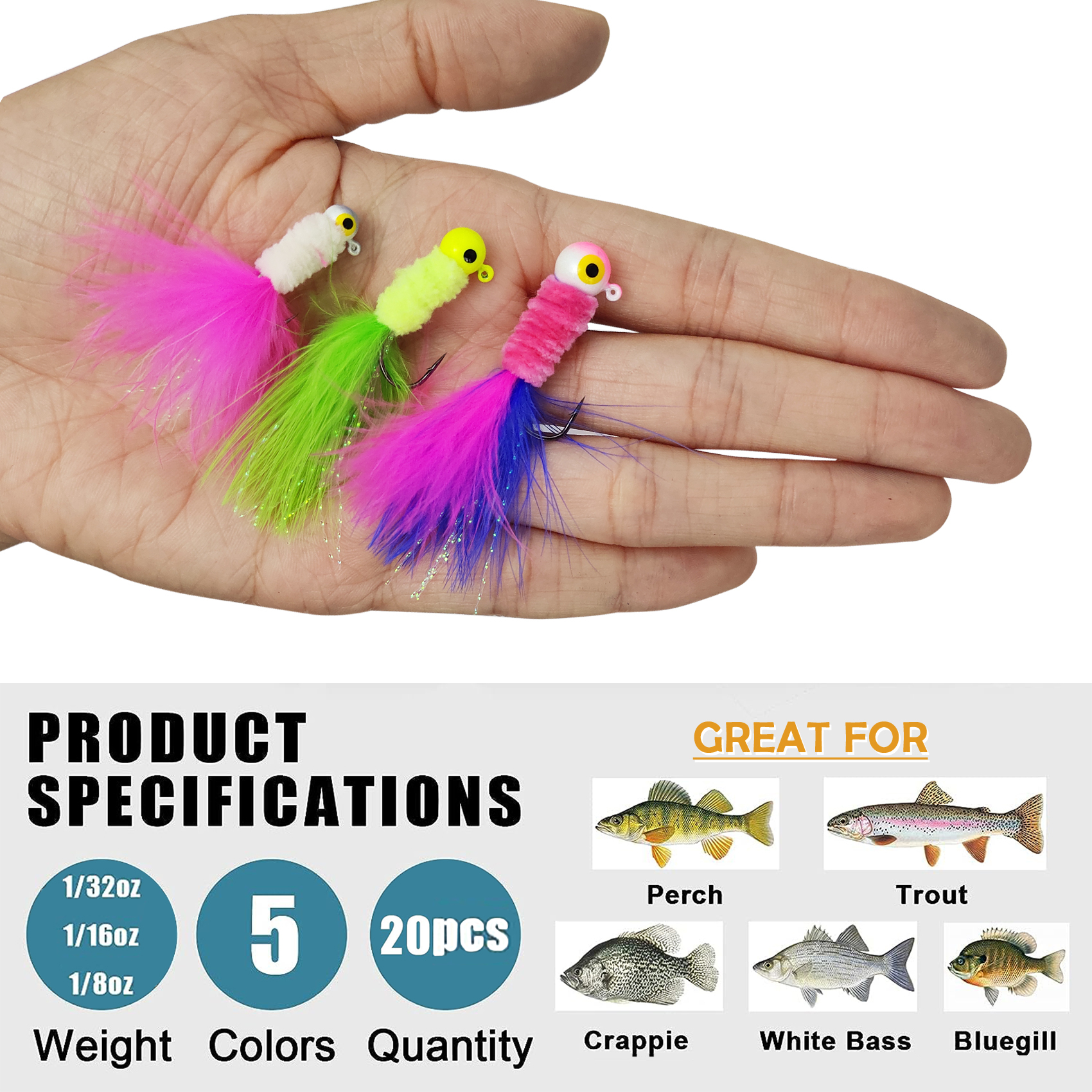 20 PCS Marabou Feather Jigs, 1/32oz 1/16oz 1/8oz Crappie Jig Heads Fishing Lures Kits with Spinner Blade Also for Walleye Perch Sunfish Panfish Bluegill