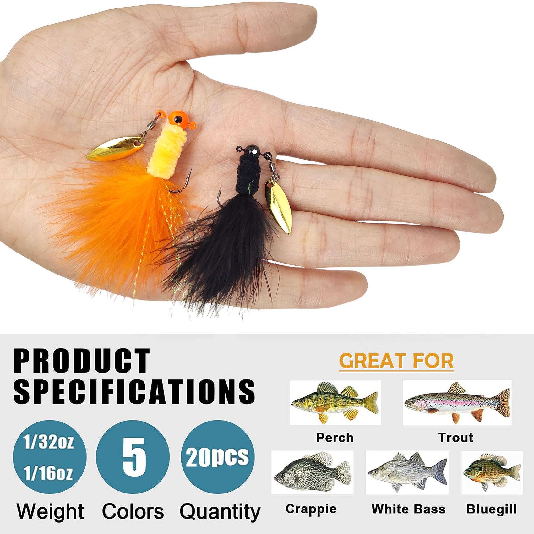 20 PCS Marabou Feather Jigs, 1/32oz 1/16oz 1/8oz Crappie Jig Heads Fishing Lures Kits with Spinner Blade Also for Walleye Perch Sunfish Panfish Bluegill