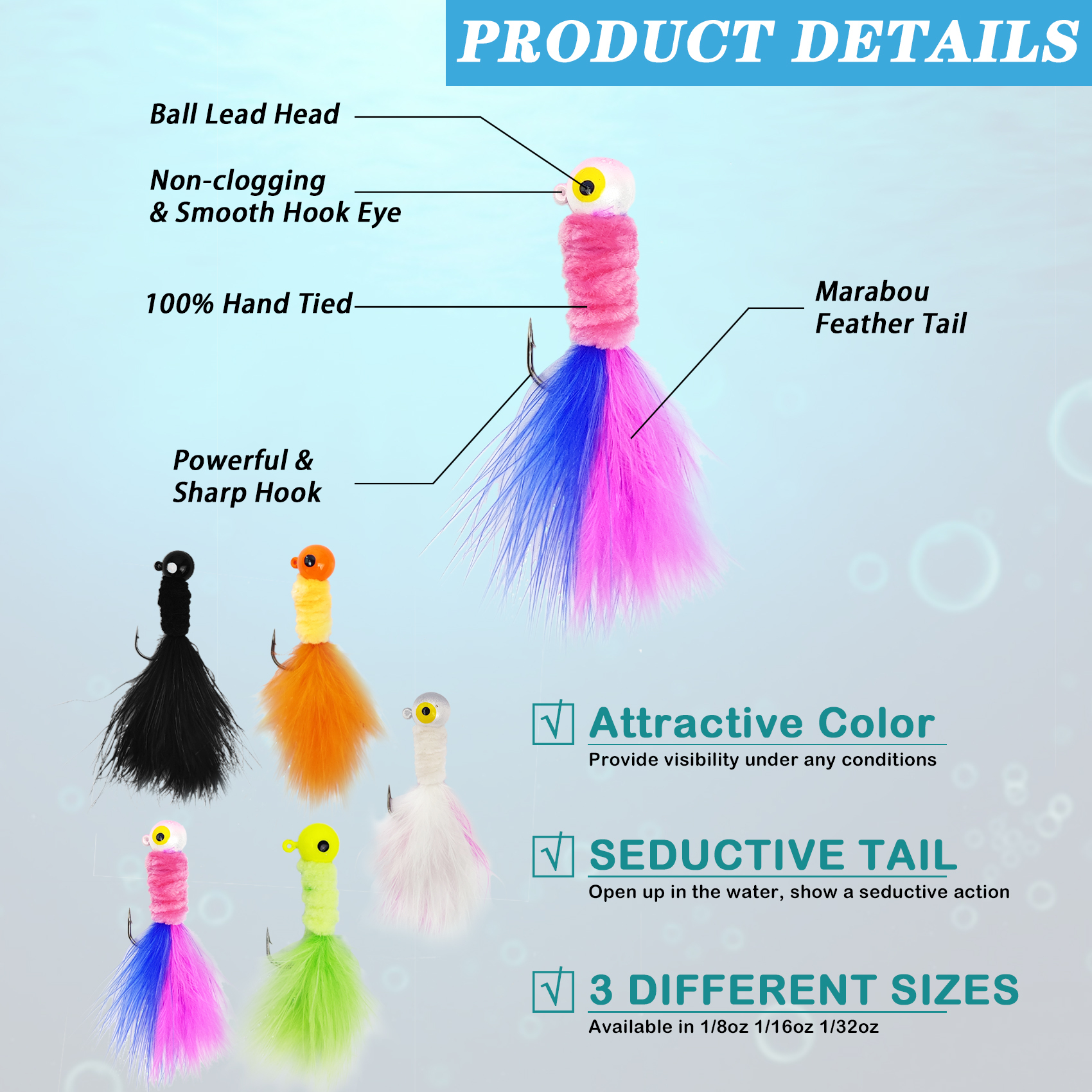 20 PCS Marabou Feather Jigs, 1/32oz 1/16oz 1/8oz Crappie Jig Heads Fishing Lures Kits with Spinner Blade Also for Walleye Perch Sunfish Panfish Bluegill