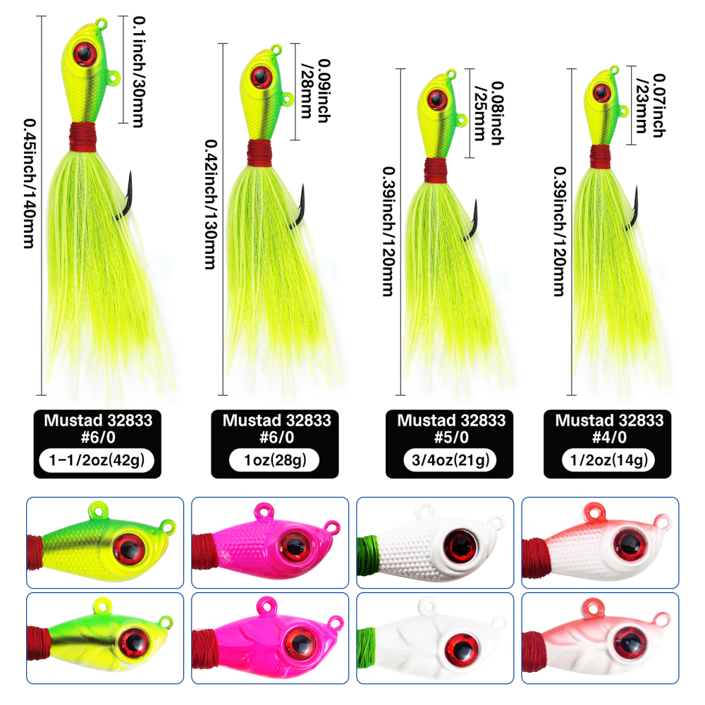 Glow Bucktail Jigs with UV Silicone Skirt, Big Eye Bucktail Fishing Jigs Surf Fishing Hair Jig for Bass Flounder Fluke Striper 1/2oz 3/4oz 1oz 1-1/2oz