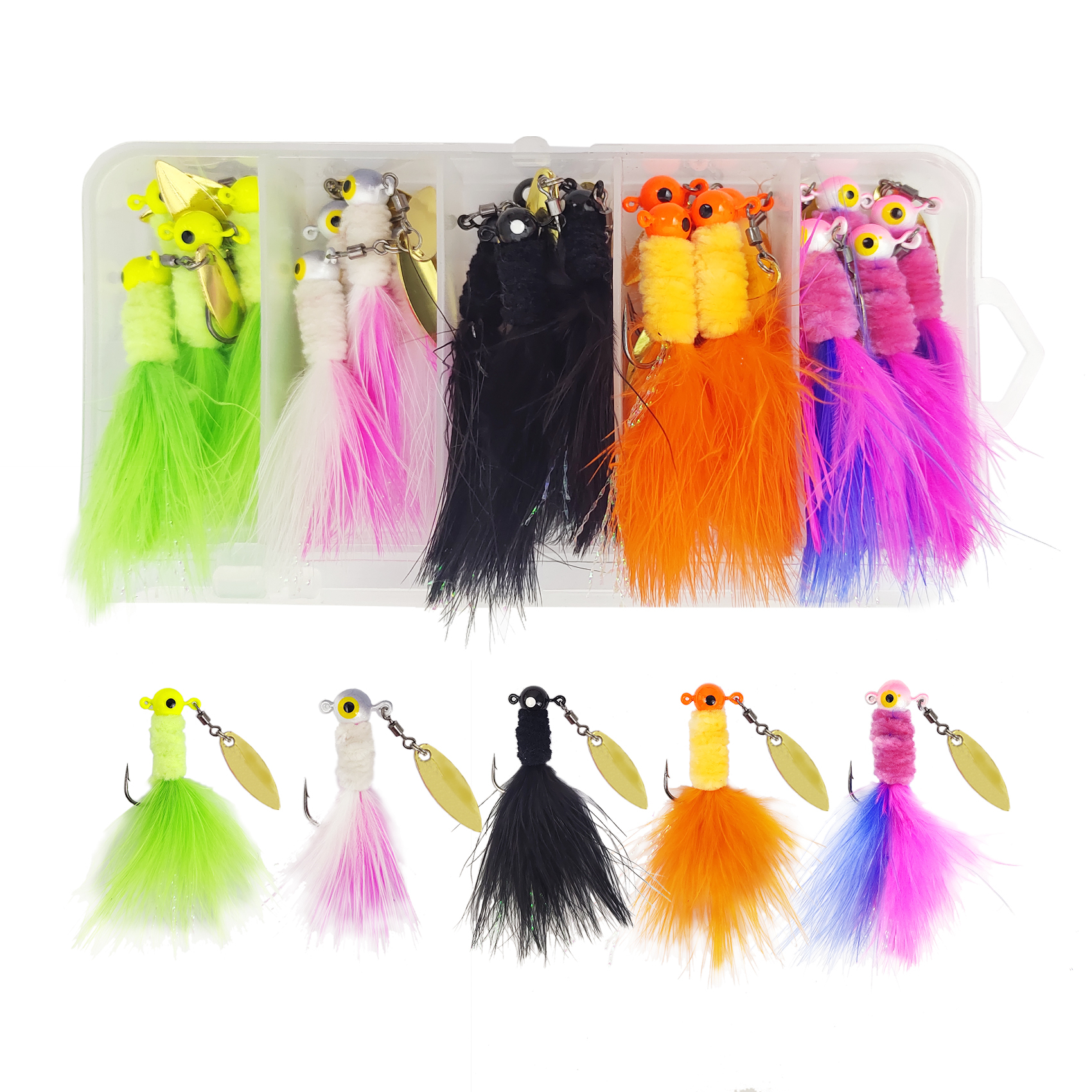20 PCS Marabou Feather Jigs, 1/32oz 1/16oz 1/8oz Crappie Jig Heads Fishing Lures Kits with Spinner Blade Also for Walleye Perch Sunfish Panfish Bluegill