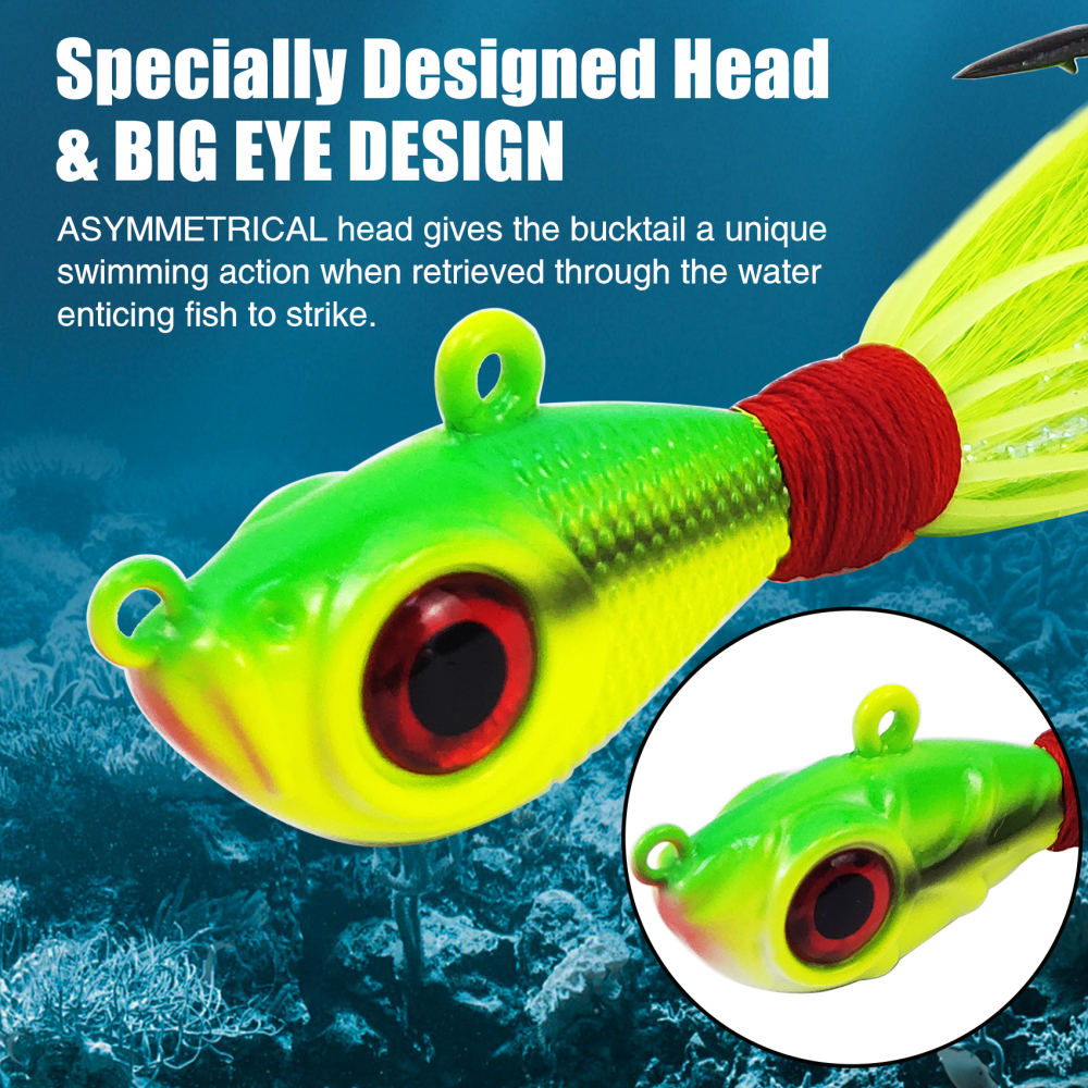 Glow Bucktail Jigs with UV Silicone Skirt, Big Eye Bucktail Fishing Jigs Surf Fishing Hair Jig for Bass Flounder Fluke Striper 1/2oz 3/4oz 1oz 1-1/2oz