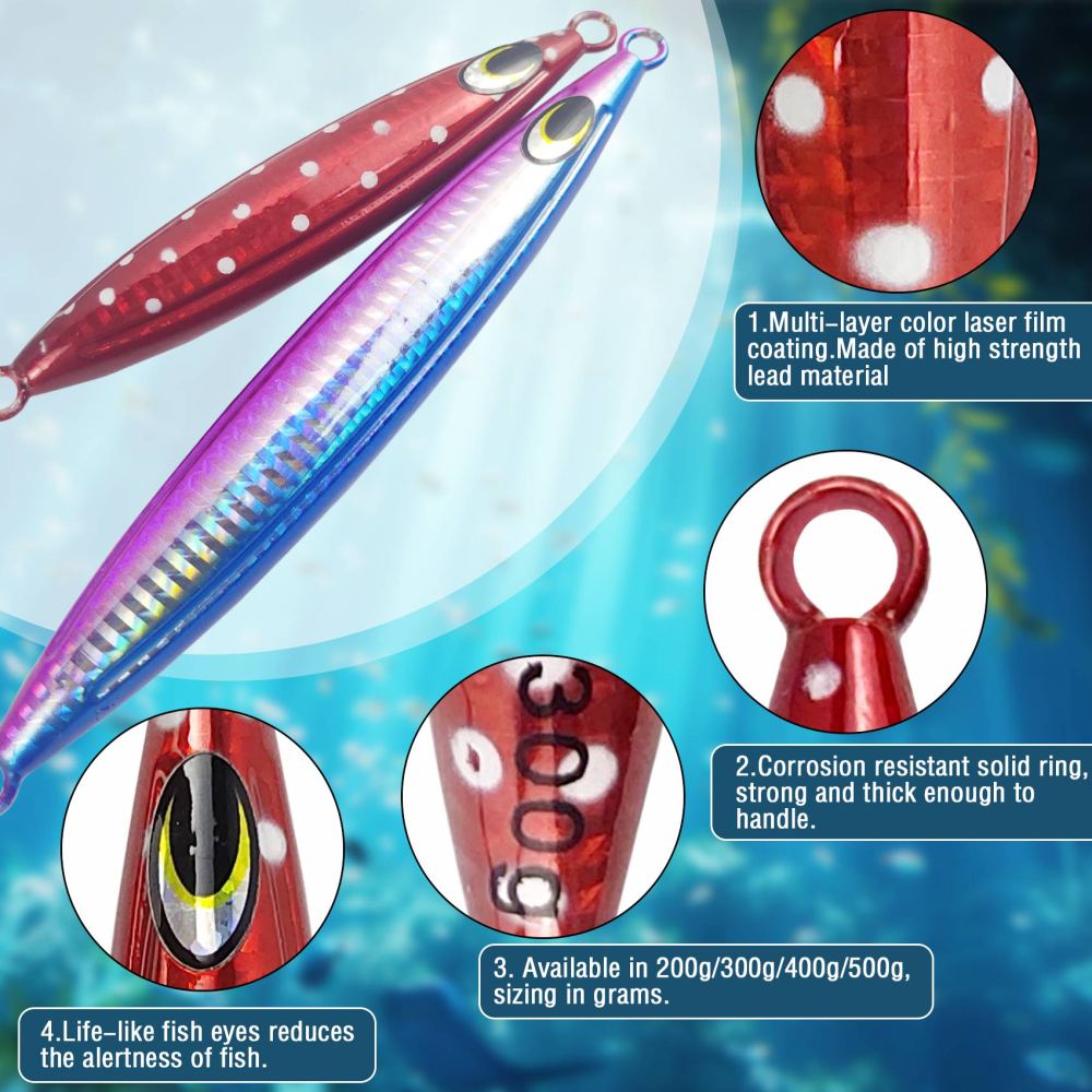 Heavy Duty Fishing Jigs Saltwater 200g/300g/400g/500g, Glow in Dark Roller Slow Fall Lead Jig Deep Sea Fishing Jigging Lures for Tuna, Salmon, Sailfish, Grouper Snapper