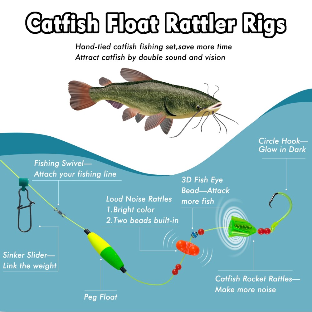 Catfish Rig Catfish Float Rigs, Catfishing Tackle Floats with Rattler Beads Snaps, Colorful Santee Cooper Rigs for Catfish Fishing 5/0 6/0 8/0 Glow in Dark Circle Hooks(6PCS)