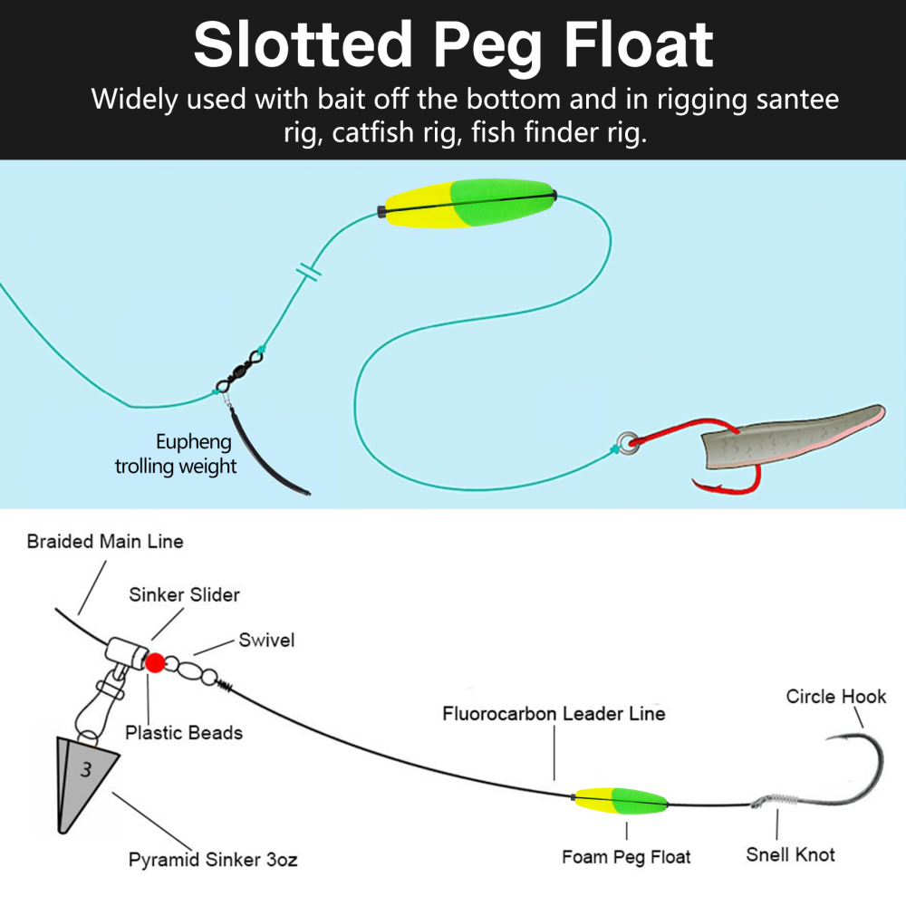 Peg Floats Slotted, Catfish Fishing Floats Slip Bobbers Cigar Foam Bobbers with Pipe Plug for Santee Rig Catfish Rig Fish Finder Rig