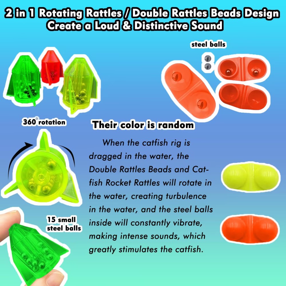 Catfish Rig Catfish Float Rigs, Catfishing Tackle Floats with Rattler Beads Snaps, Colorful Santee Cooper Rigs for Catfish Fishing 5/0 6/0 8/0 Glow in Dark Circle Hooks(6PCS)