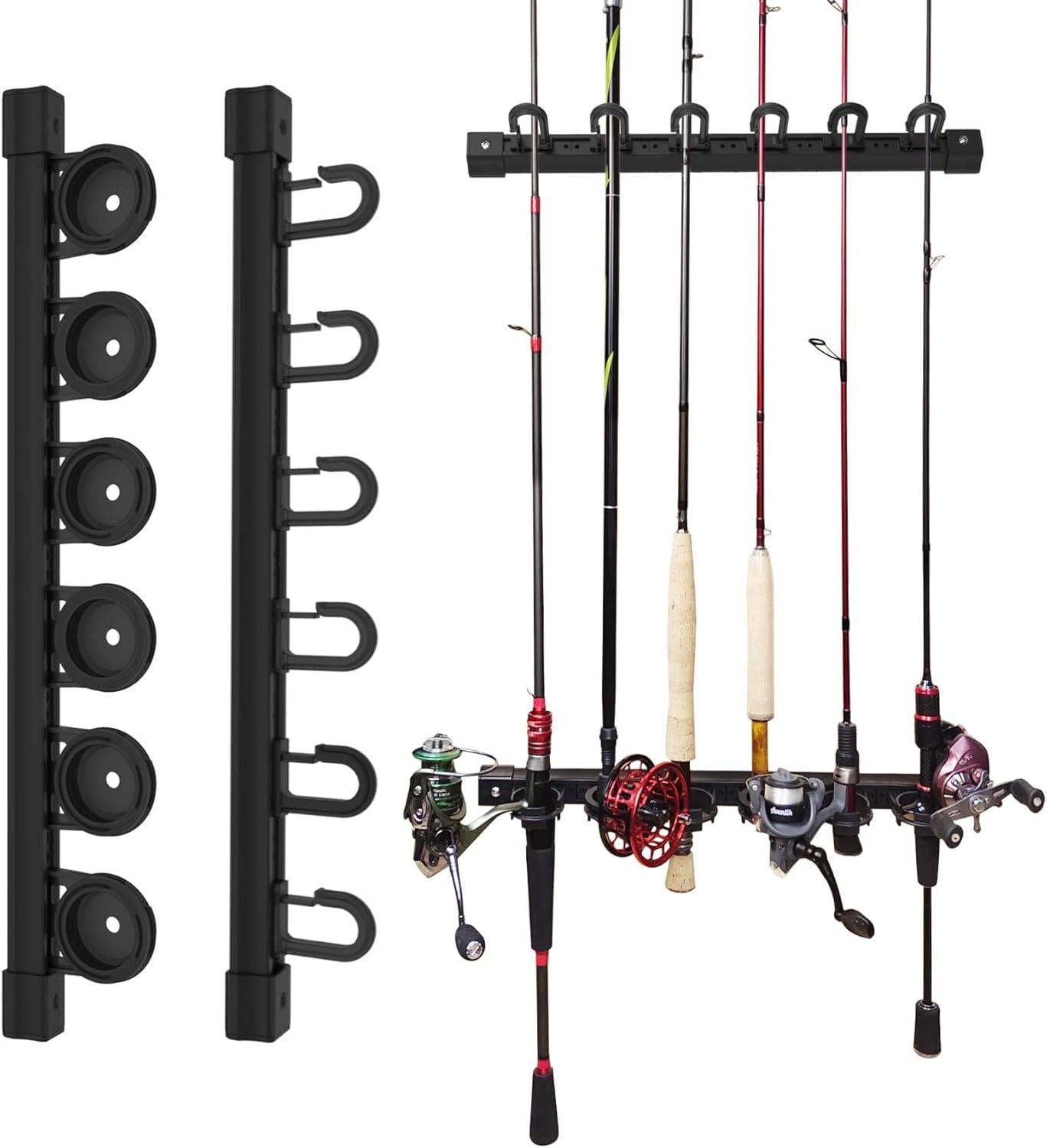 Aventik Fishing Rod Holders for Garage, Wall Mount Ceiling Fishing 6 Pole Storage Vertical/Horizontal Roof Rack Garage, Door Slide Rod Holder, Fishing Pole Rack