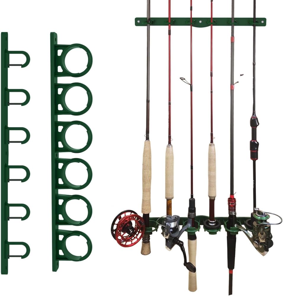 Aventik Wall Mount Fishing Rod Holder, Vertical Fishing Pole Storage Garage, Horizontal Fishing Pole Holder Rod Rack, Organizer for Fishing(Black/Green)