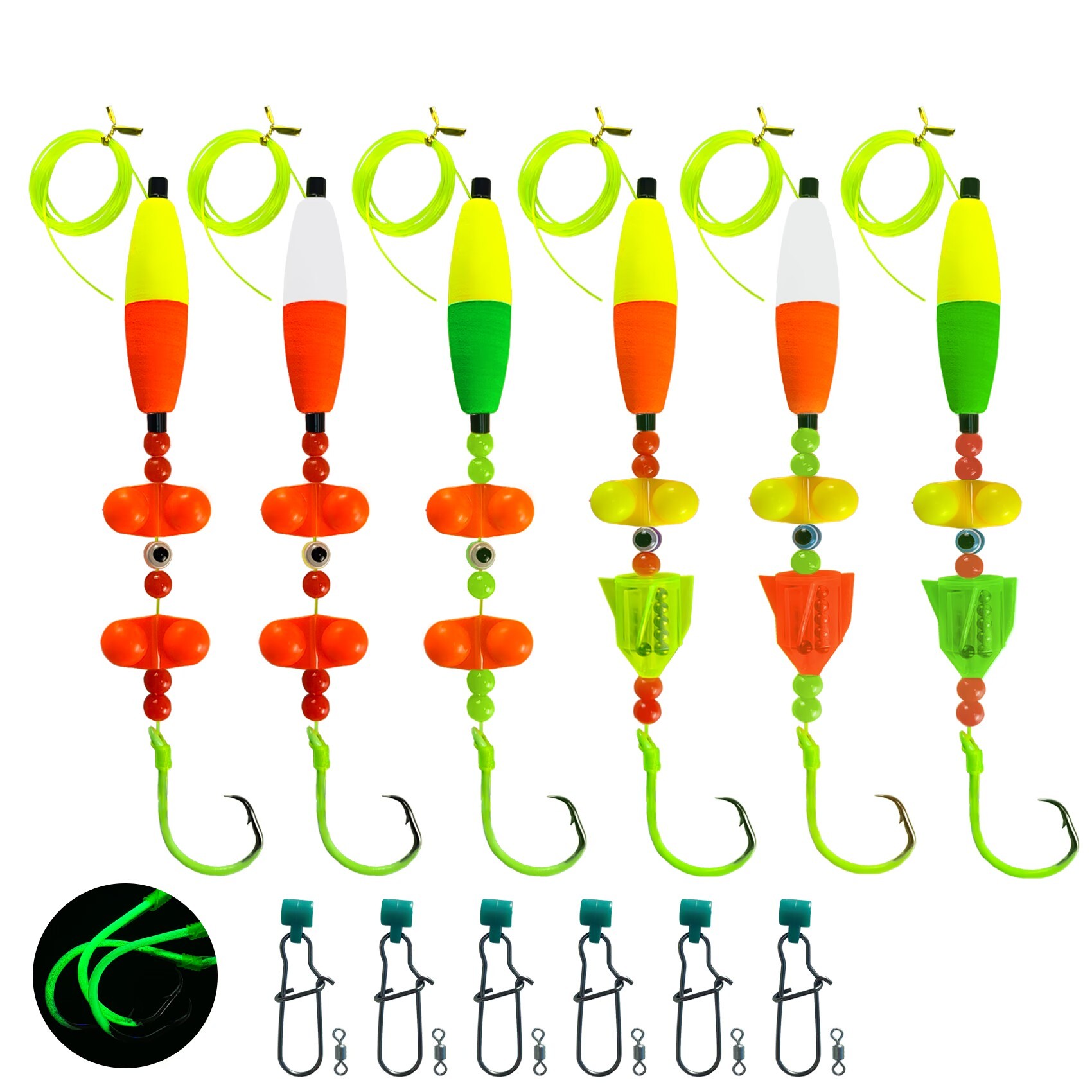 Catfish Rig Catfish Float Rigs, Catfishing Tackle Floats with Rattler Beads Snaps, Colorful Santee Cooper Rigs for Catfish Fishing 5/0 6/0 8/0 Glow in Dark Circle Hooks(6PCS)