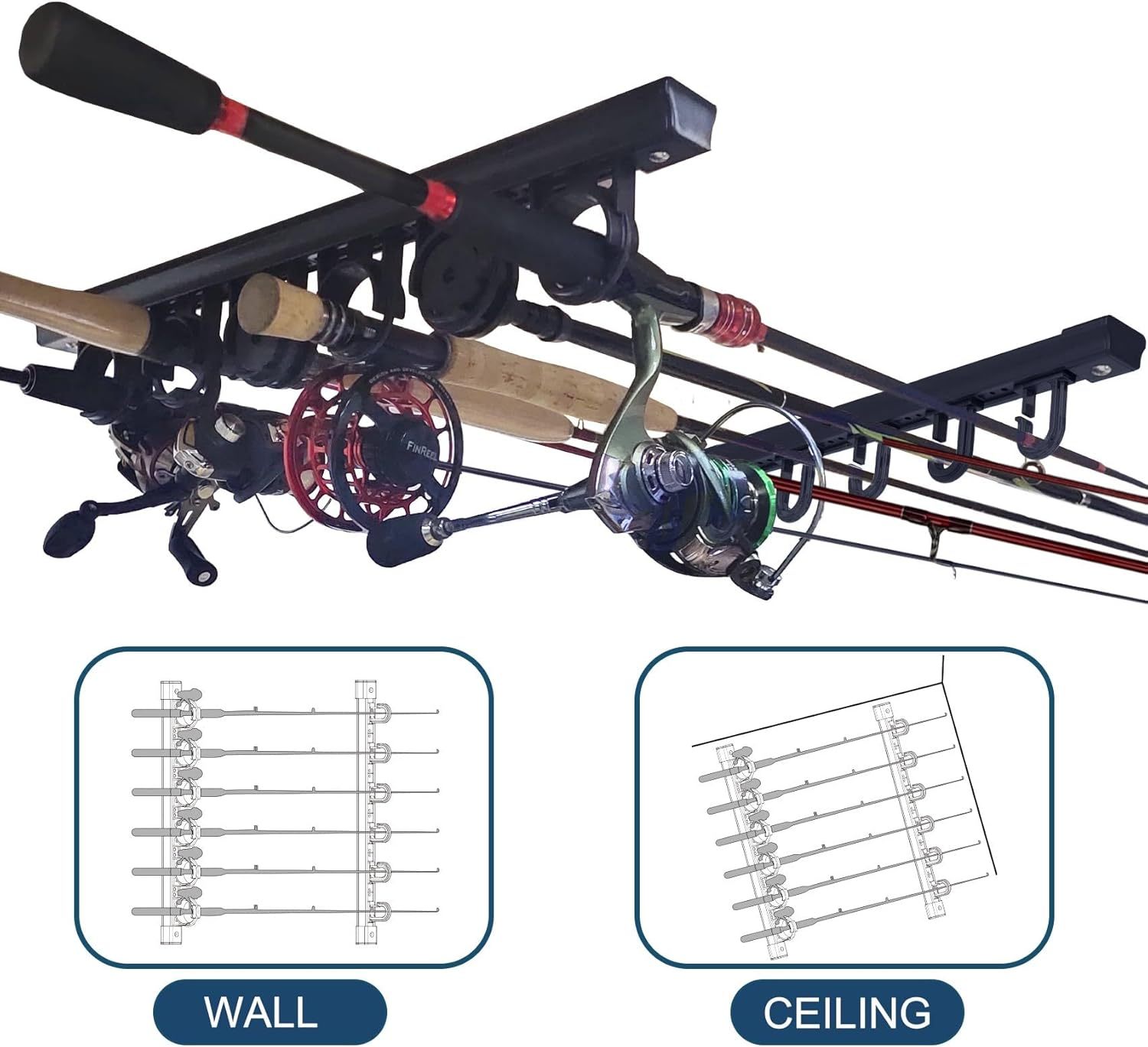 Aventik Fishing Rod Holders for Garage, Wall Mount Ceiling Fishing 6 Pole Storage Vertical/Horizontal Roof Rack Garage, Door Slide Rod Holder, Fishing Pole Rack