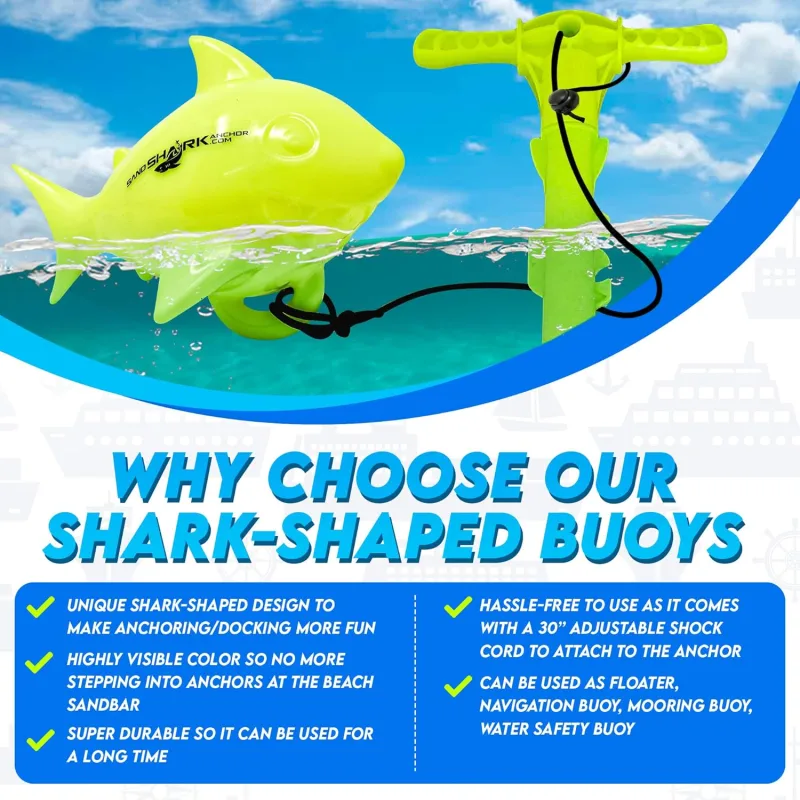 Floating Anchor Ball Marker Buoy by SandShark. Shark Shaped Pontoon Boat Accessories for Beach Fun. Boat Anchor Accessories for Shallow Water. High Visibility. 30" Bungee Cord (Neon Green).