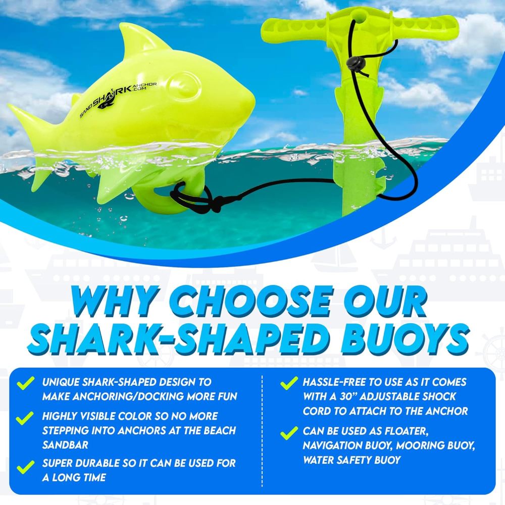 Floating Anchor Ball Marker Buoy by SandShark. Shark Shaped Pontoon Boat Accessories for Beach Fun. Boat Anchor Accessories for Shallow Water. High Visibility. 30" Bungee Cord (Neon Green).