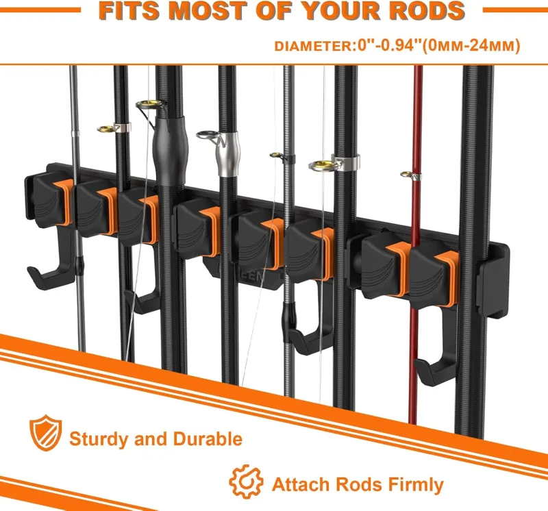 Fishing Rod Holders, Wall Mounted Fishing Rod Rack, Fishing Pole Holder Holds Up to 8 Rods or Combos, Fishing Rod Holders for Garage with 4 Hooks, Fits Most Rods of Diameter 3-24mm