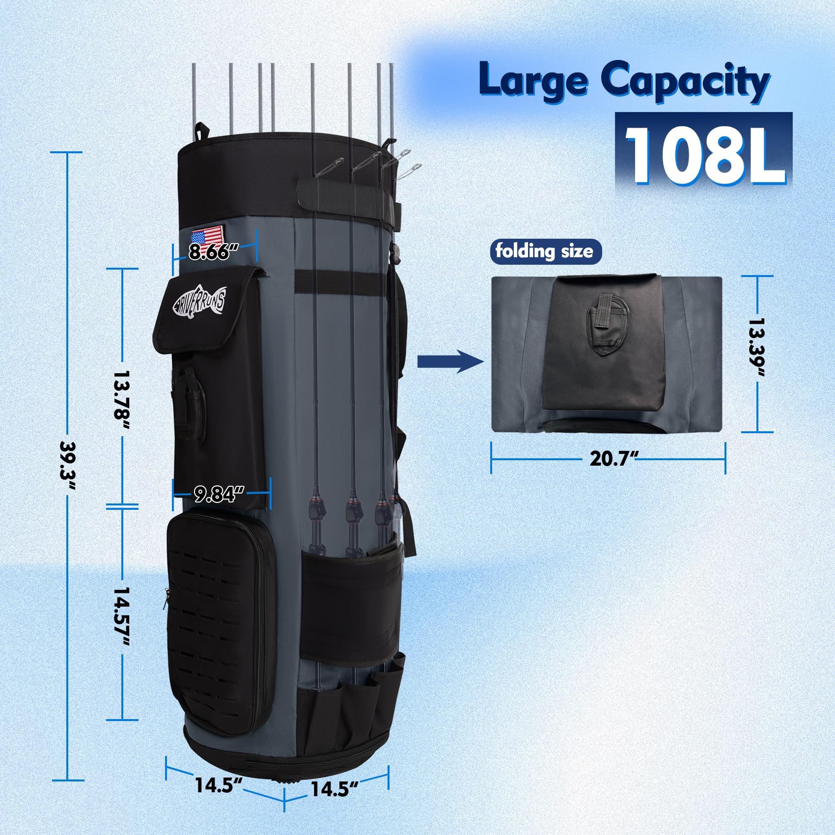 Riverruns Dual-purpose Fishing Rod Bag, fishing pole bag. Foldable 108L Large Storage Case Holds 8 Rods & Reels, Water-resistant Bag for Fishing Gear and Equipment, Ideal for Fishing Enthusiasts
