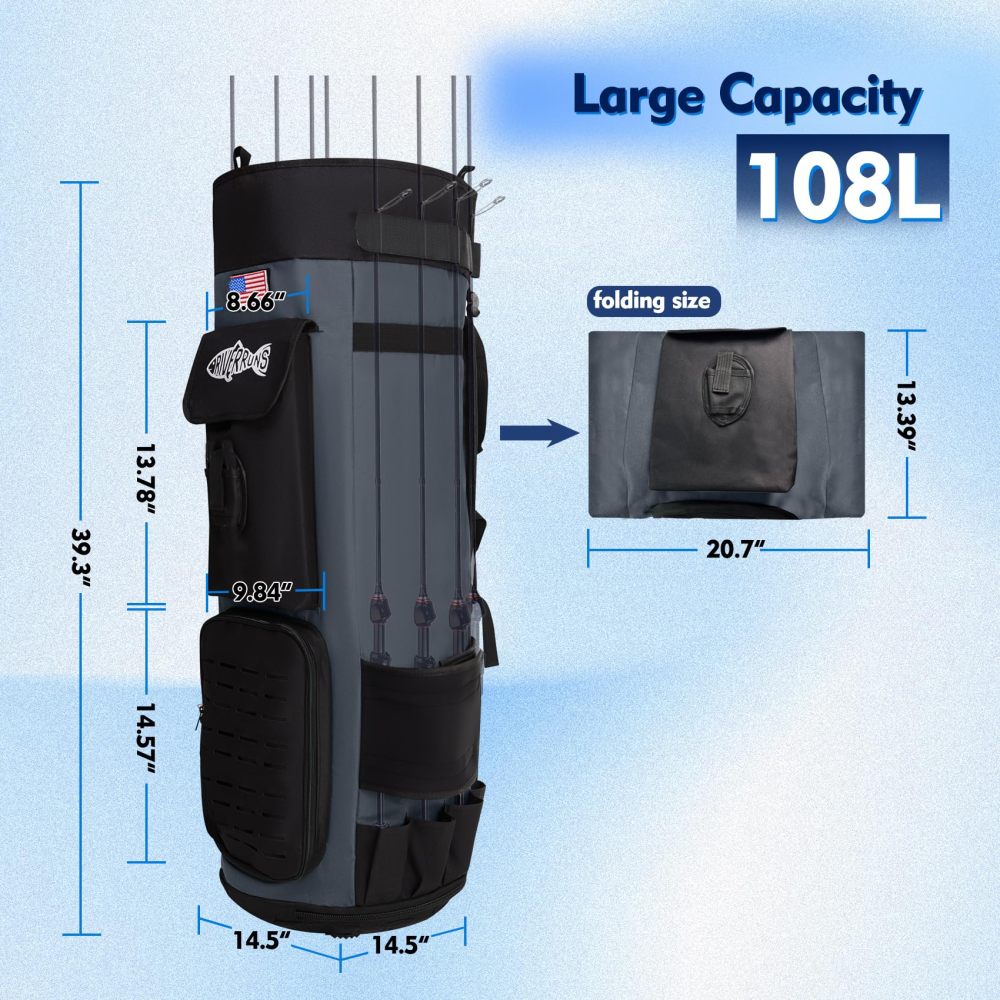 Riverruns Dual-purpose Fishing Rod Bag, fishing pole bag. Foldable 108L Large Storage Case Holds 8 Rods & Reels, Water-resistant Bag for Fishing Gear and Equipment, Ideal for Fishing Enthusiasts