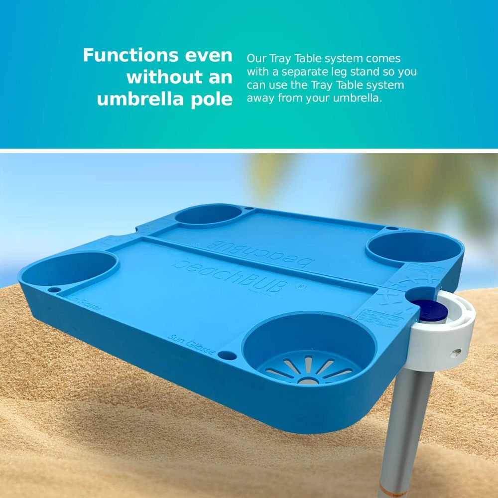 Tray Table System - Beach Umbrella Tray Table with 4 Cup Holders - Beach Trip Must Haves Table for Vacation - Easy Clip on & Clip Off Outdoor Tray Table, Pool Umbrella Table and Beach Table